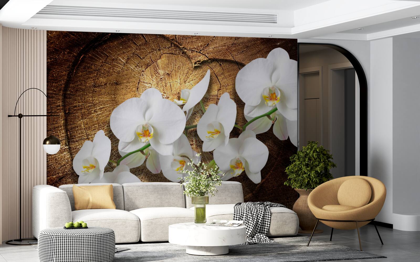 Fototapeten Schnee -White -Orchidee auf einem Schnittstamm eines Baumes