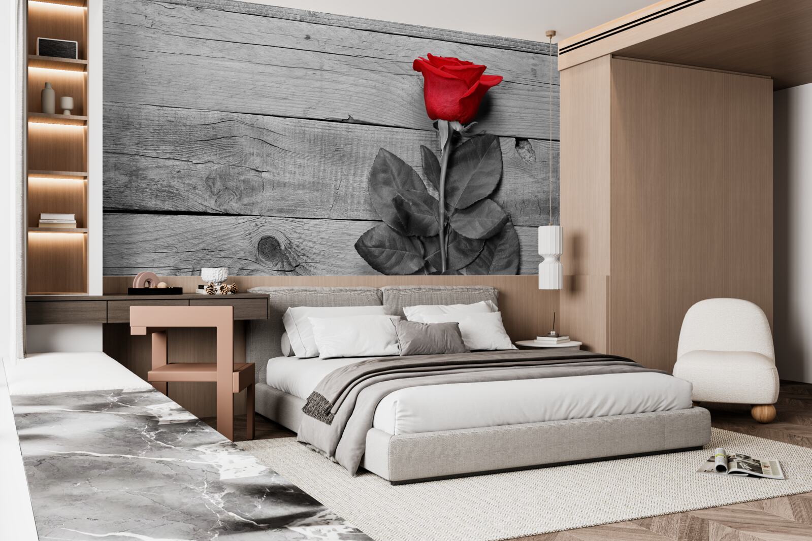 Fototapeten Blumenstrauß in Rot vor dem Hintergrund von Schwarzweißtönen