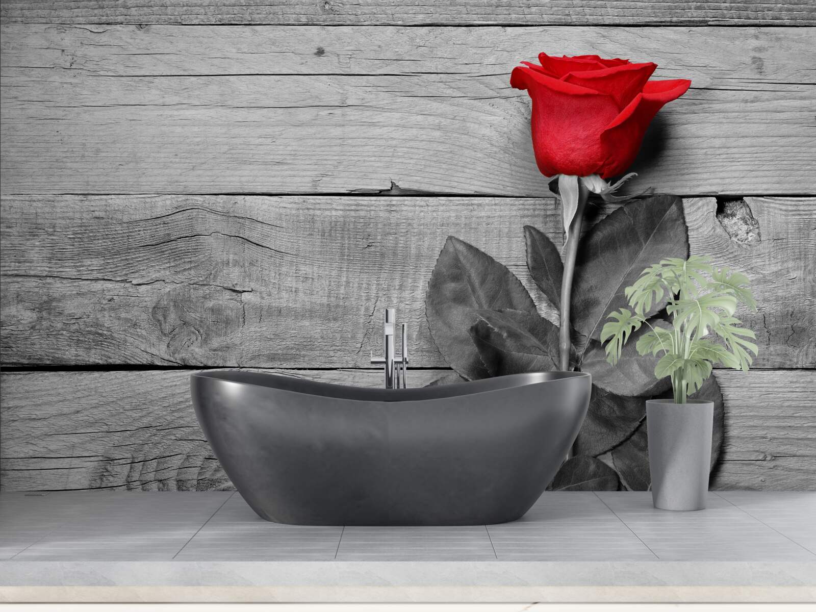Fototapeten Blumenstrauß in Rot vor dem Hintergrund von Schwarzweißtönen
