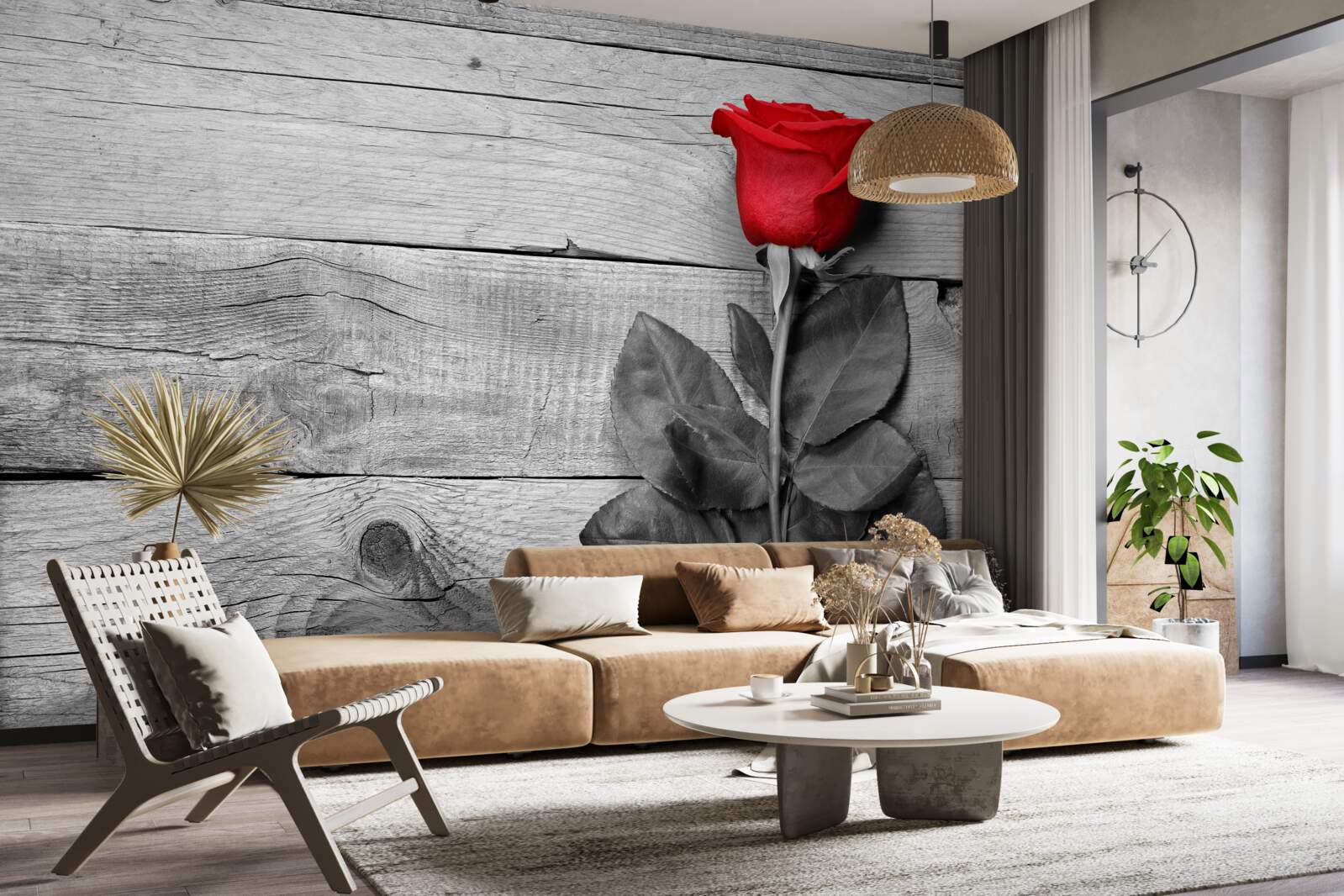 Fototapeten Blumenstrauß in Rot vor dem Hintergrund von Schwarzweißtönen