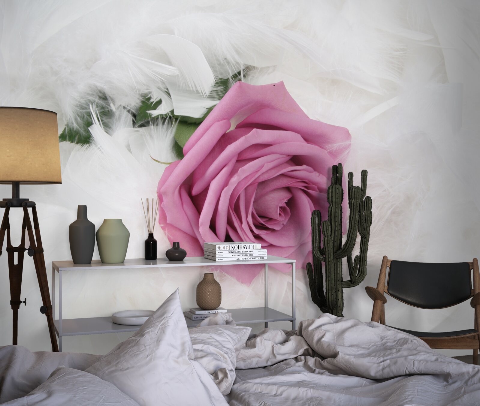 Fototapeten Violet Rose umgeben von weißen Federn