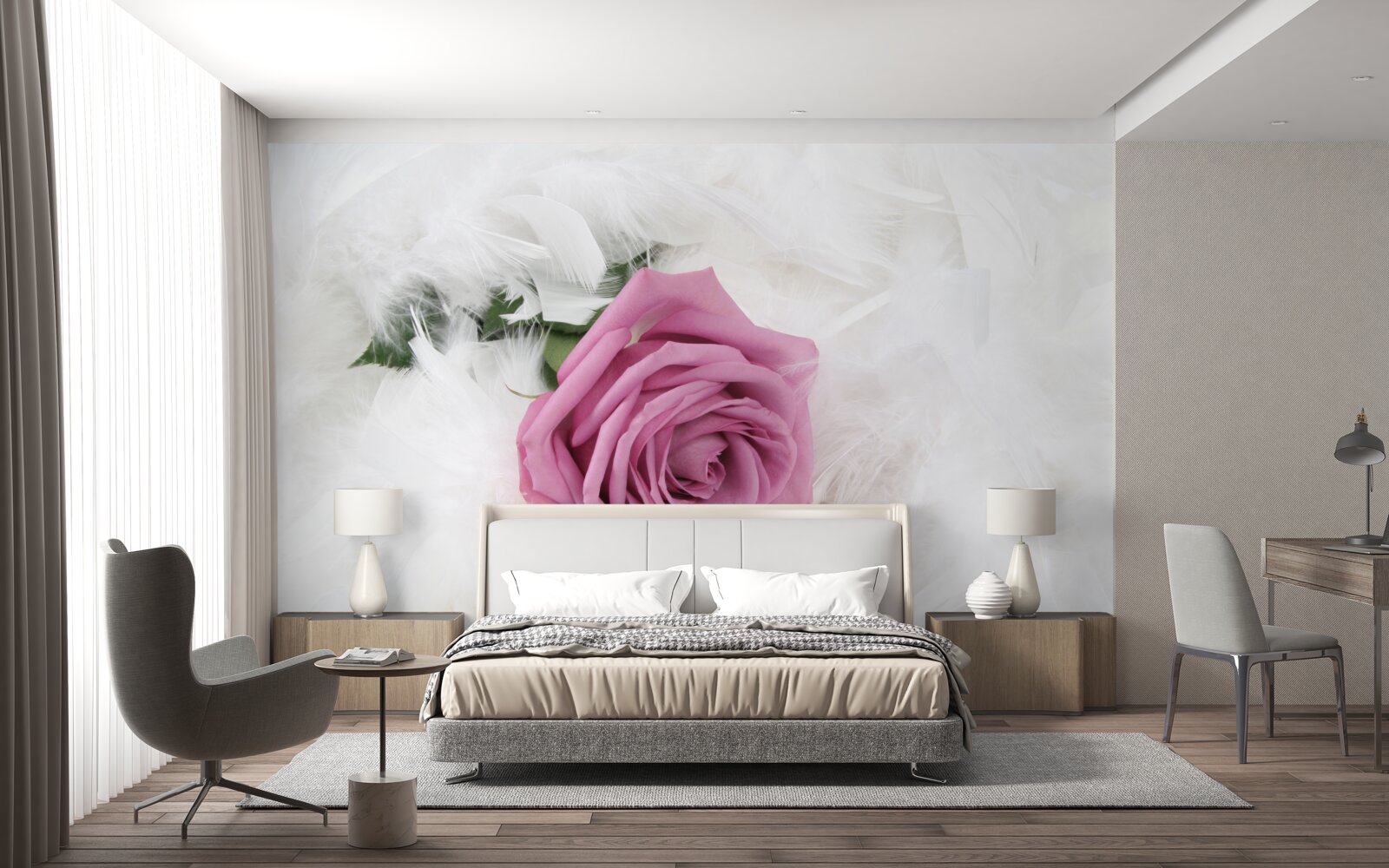 Fototapeten Violet Rose umgeben von weißen Federn