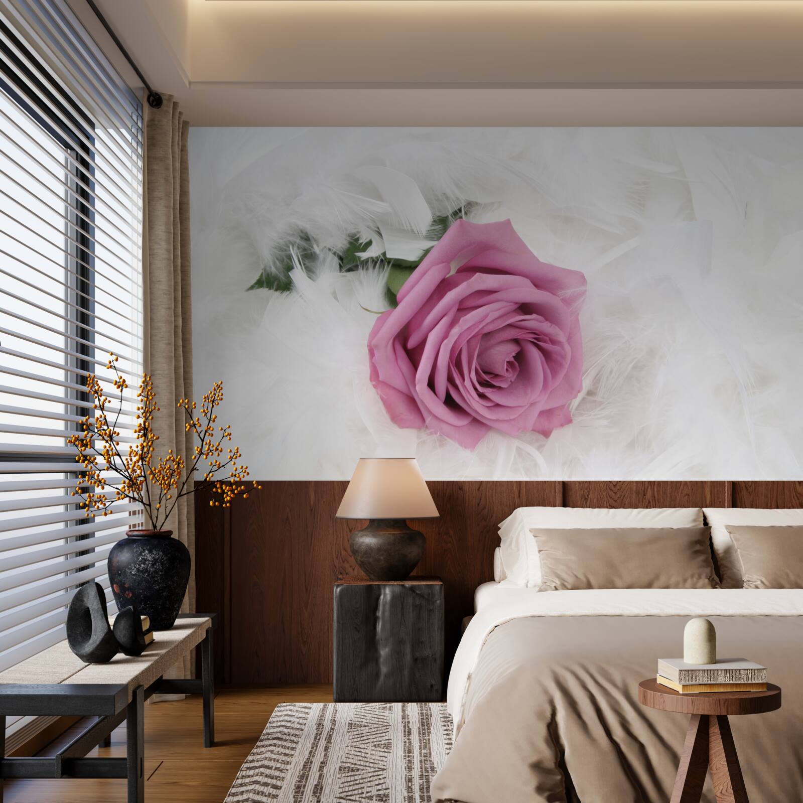 Fototapeten Violet Rose umgeben von weißen Federn