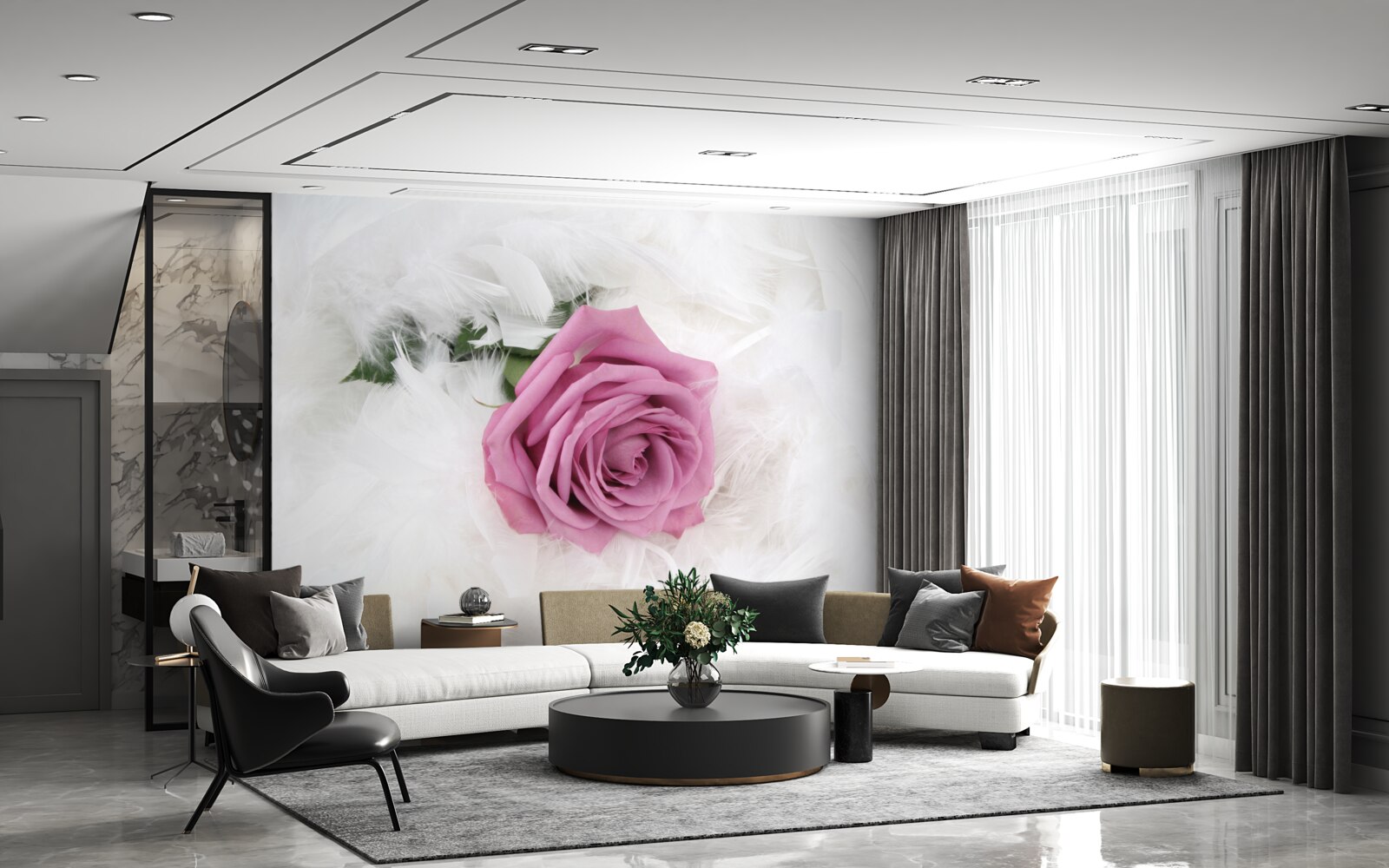 Fototapeten Violet Rose umgeben von weißen Federn