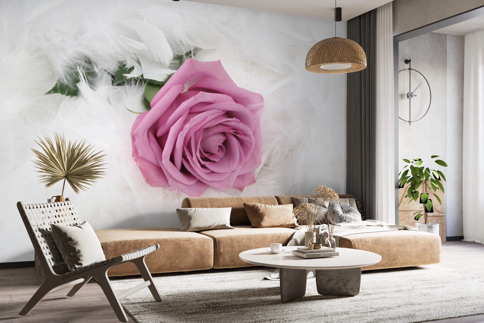 Fototapeten Violet Rose umgeben von weißen Federn
