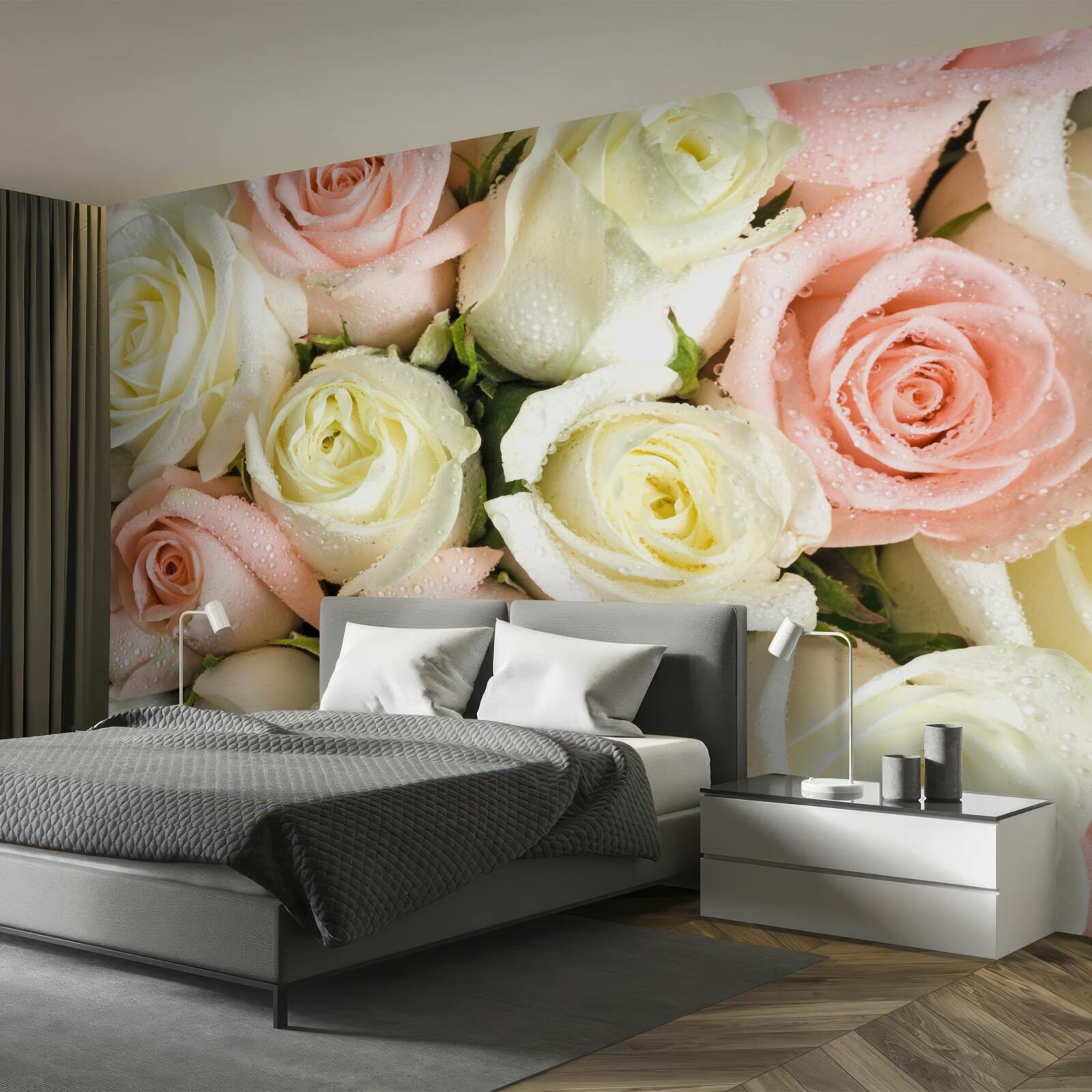 Fototapeten Die Größe von weißen und rosa Rosenblumen