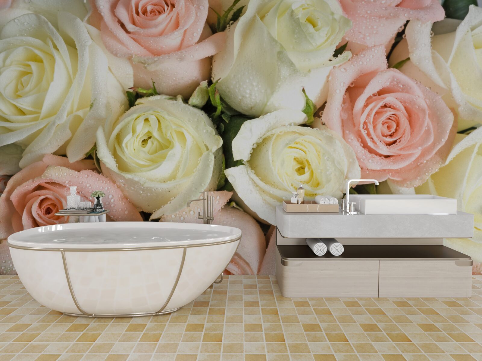 Fototapeten Die Größe von weißen und rosa Rosenblumen