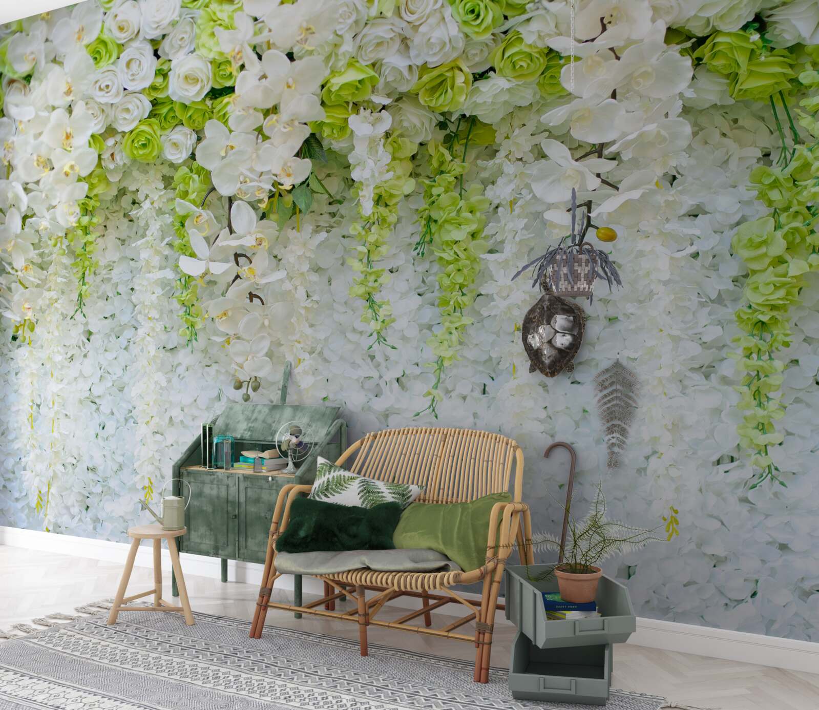 Fototapeten Weiße Orchideen bedeckten die Wand mit einem Blumenteppich