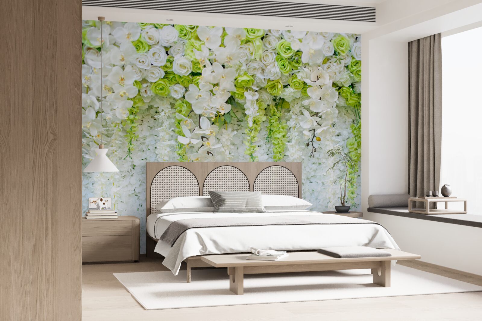 Fototapeten Weiße Orchideen bedeckten die Wand mit einem Blumenteppich