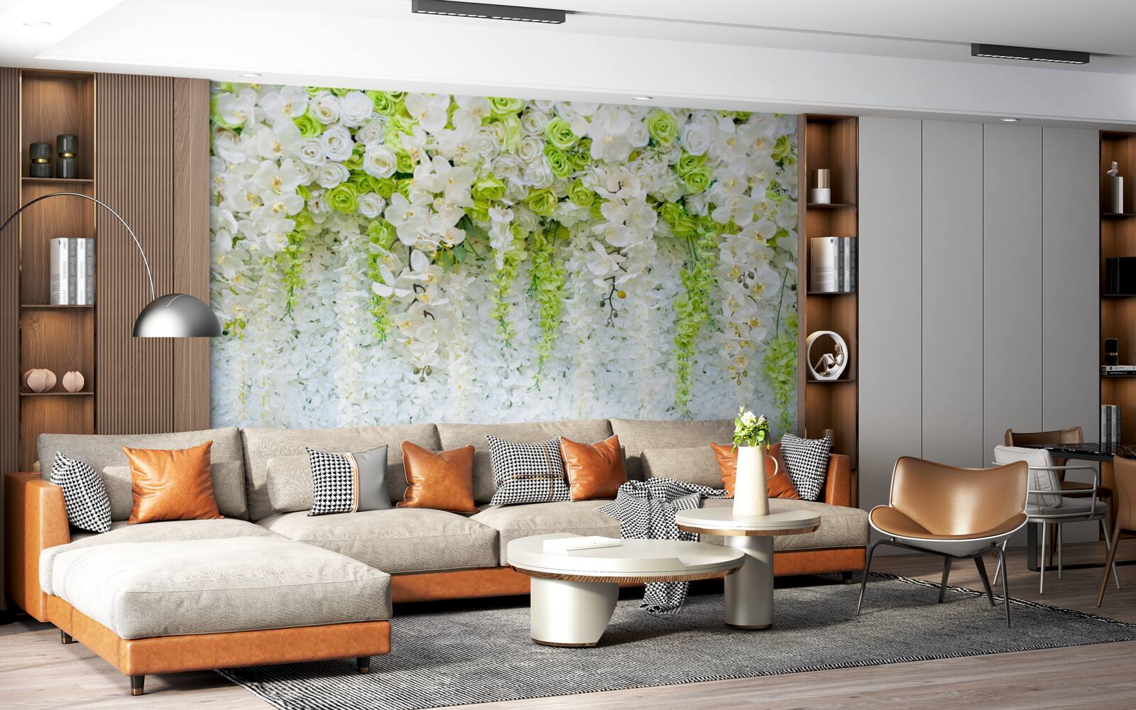 Fototapeten Weiße Orchideen bedeckten die Wand mit einem Blumenteppich