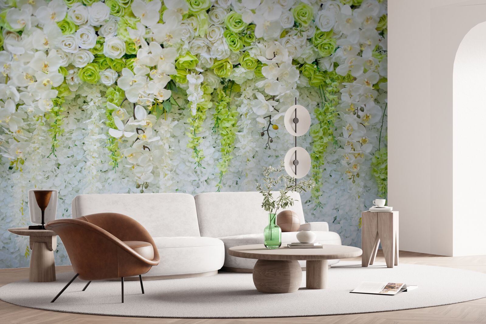 Fototapeten Weiße Orchideen bedeckten die Wand mit einem Blumenteppich