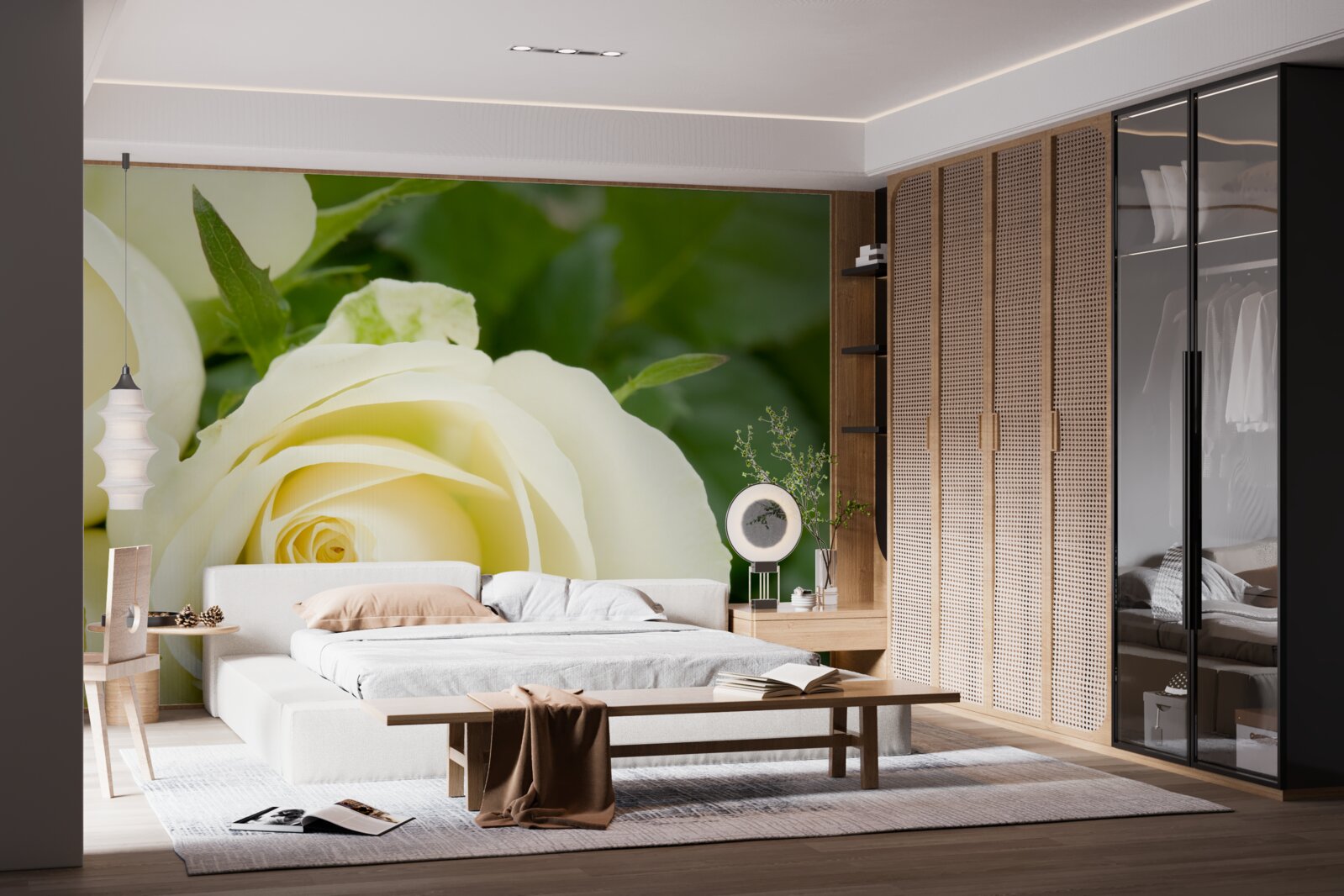 Fototapeten Rose in einem beige Farbton mit grünen Blättern