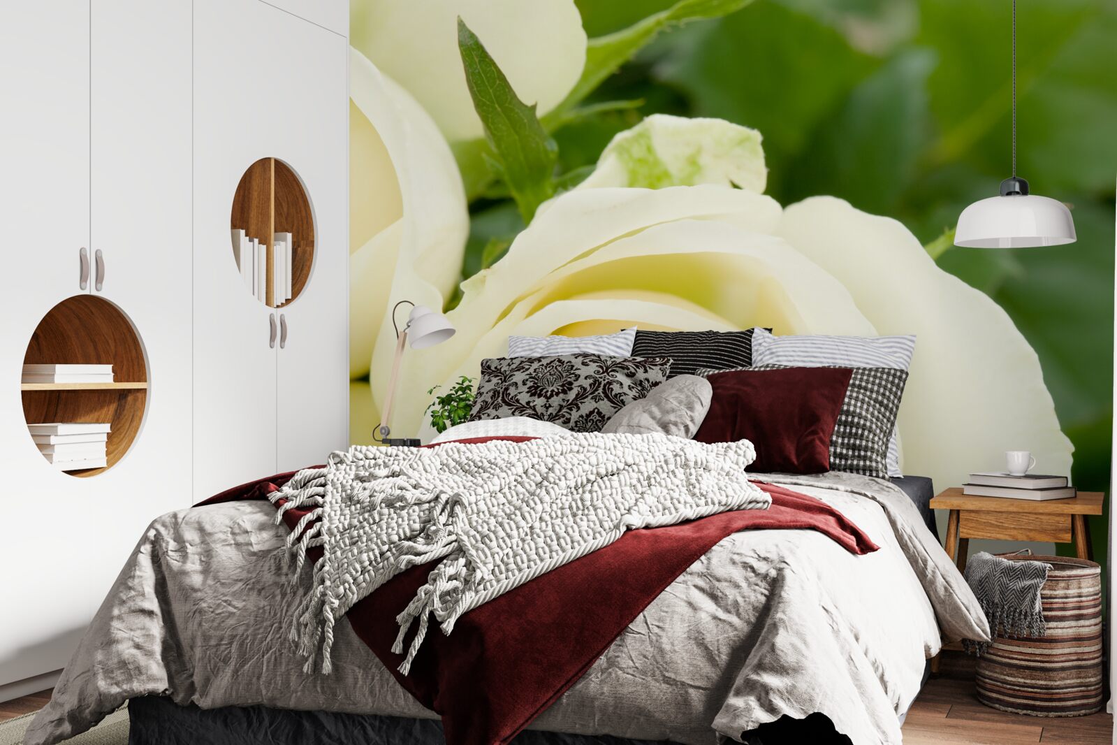 Fototapeten Rose in einem beige Farbton mit grünen Blättern