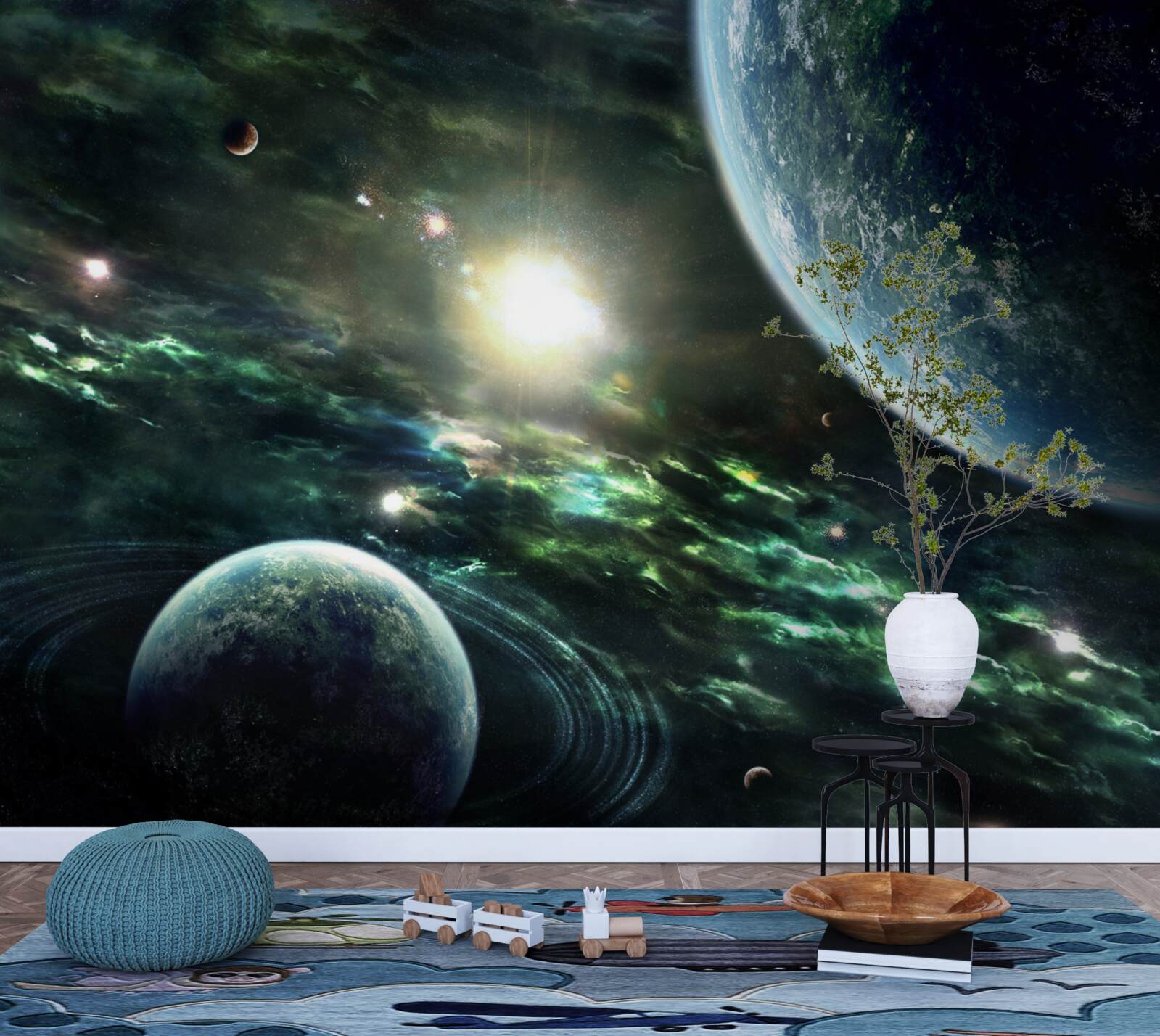 Fototapeten Eine leuchtende Explosion in der Nähe des Planeten