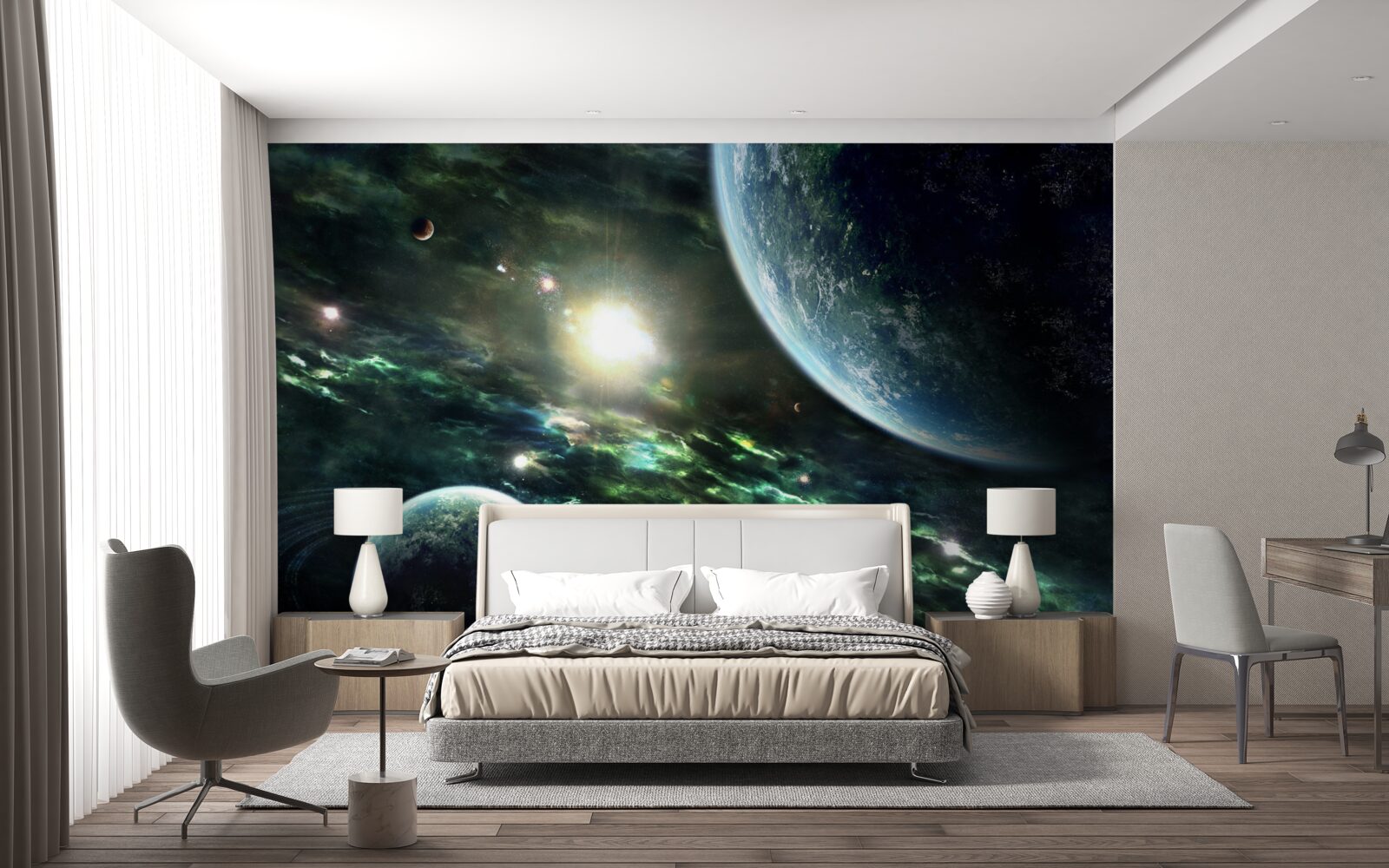 Fototapeten Eine leuchtende Explosion in der Nähe des Planeten