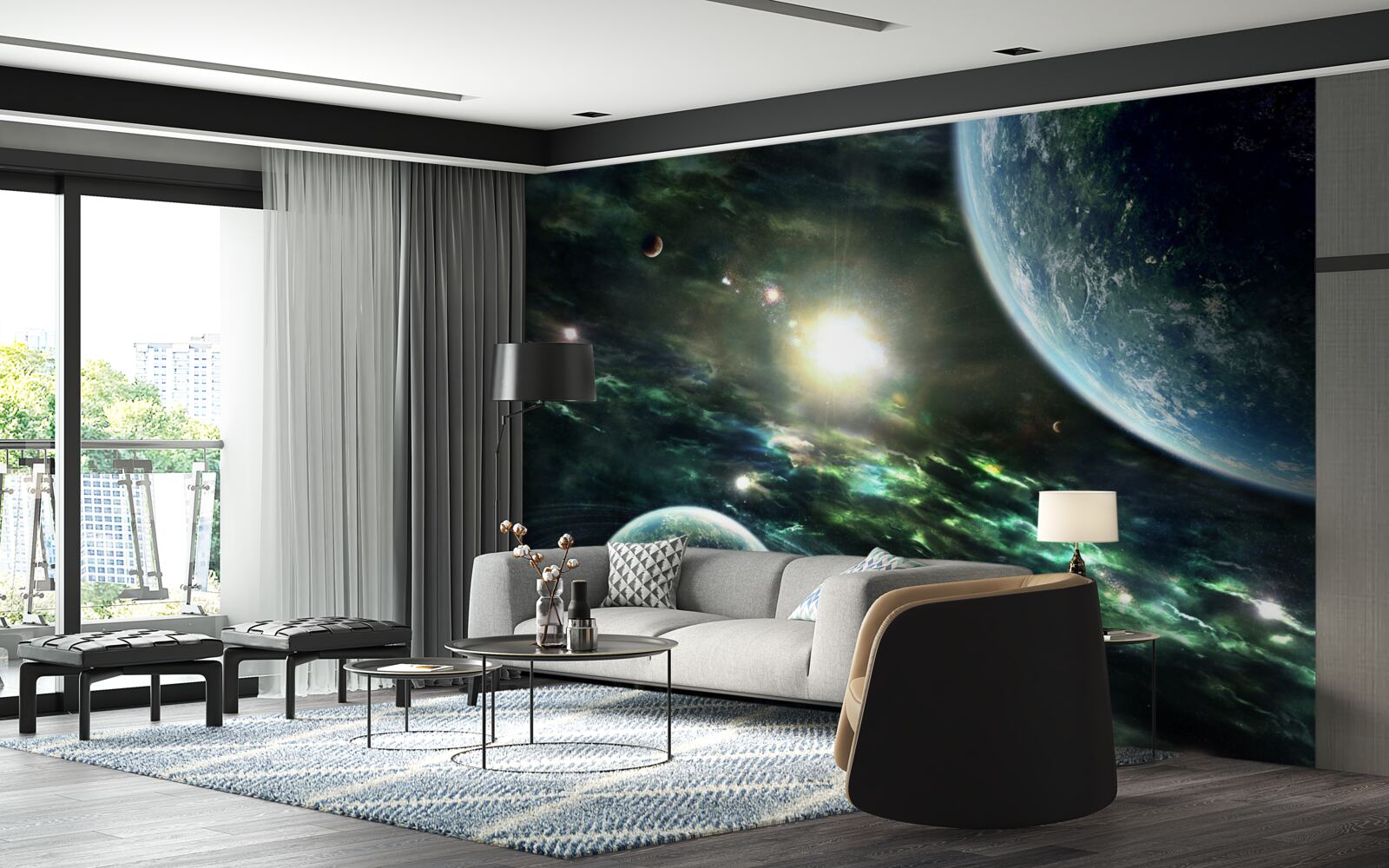 Fototapeten Eine leuchtende Explosion in der Nähe des Planeten
