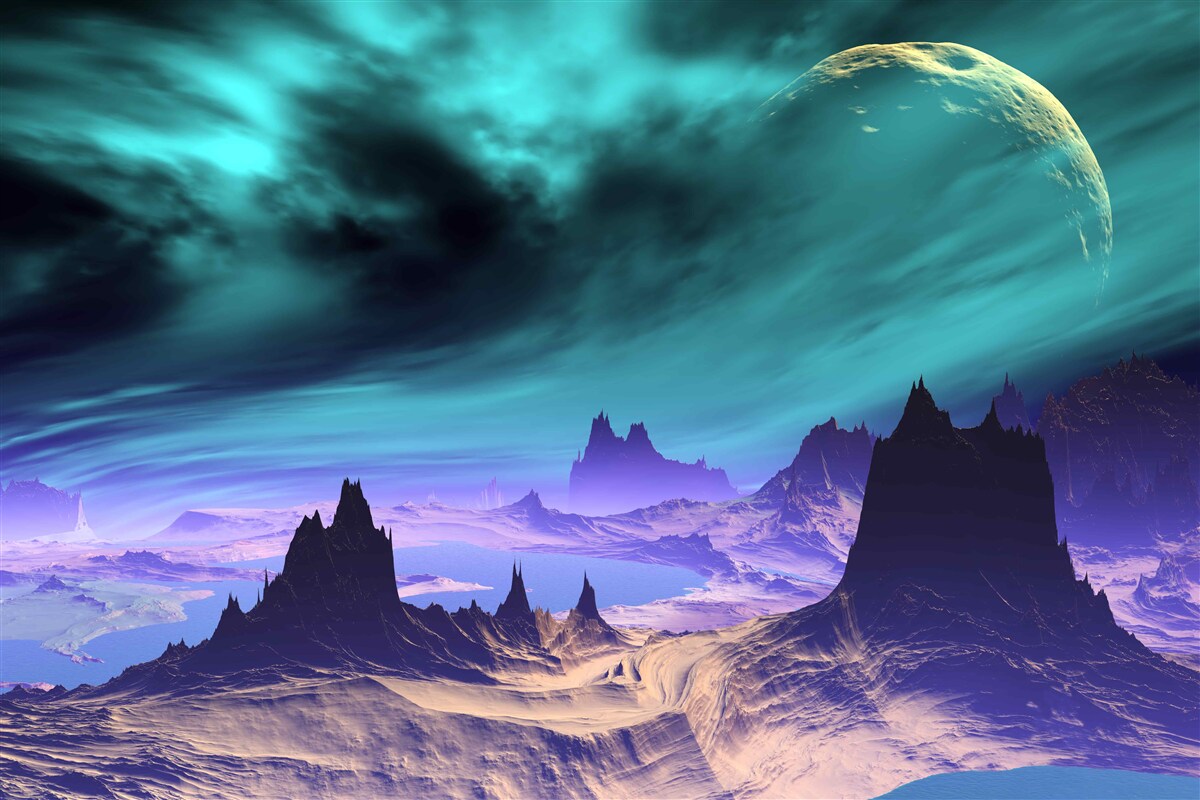 Fototapeten Berge der Zukunft auf einem nicht identifizierten Planeten