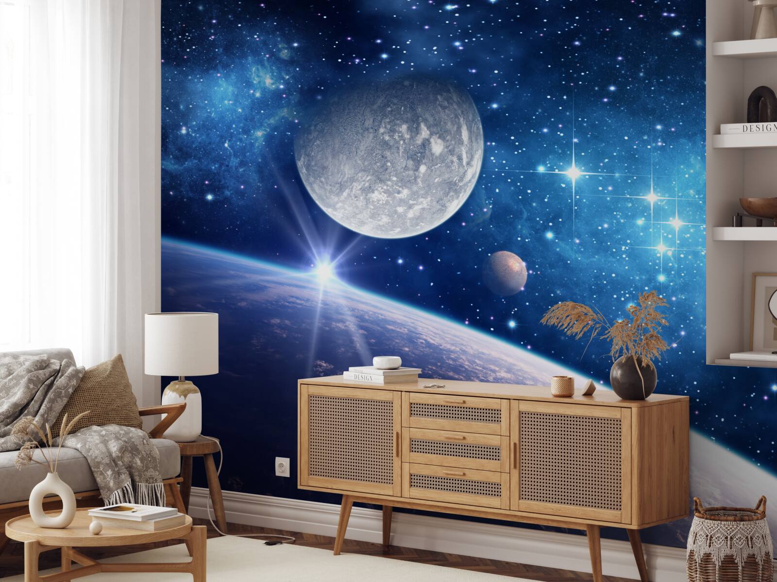Fototapeten Der Mond ist im Hintergrund und die Erde im Vordergrund