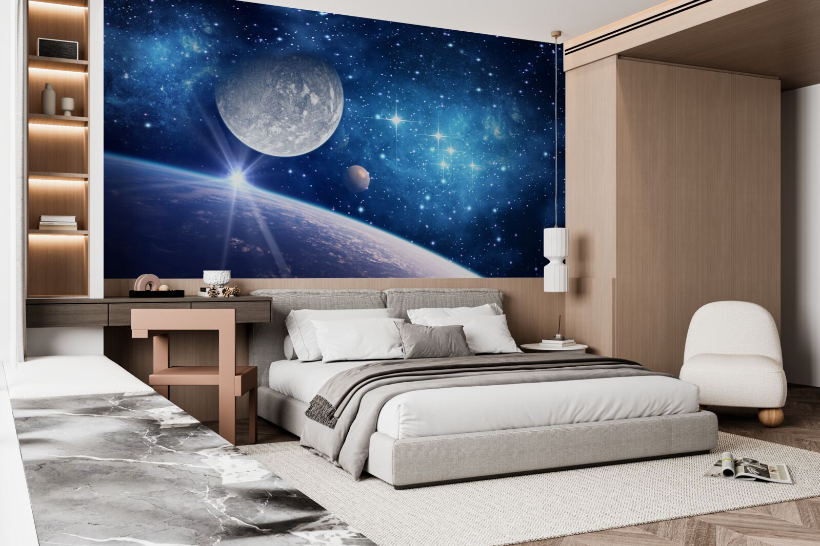 Fototapeten Der Mond ist im Hintergrund und die Erde im Vordergrund