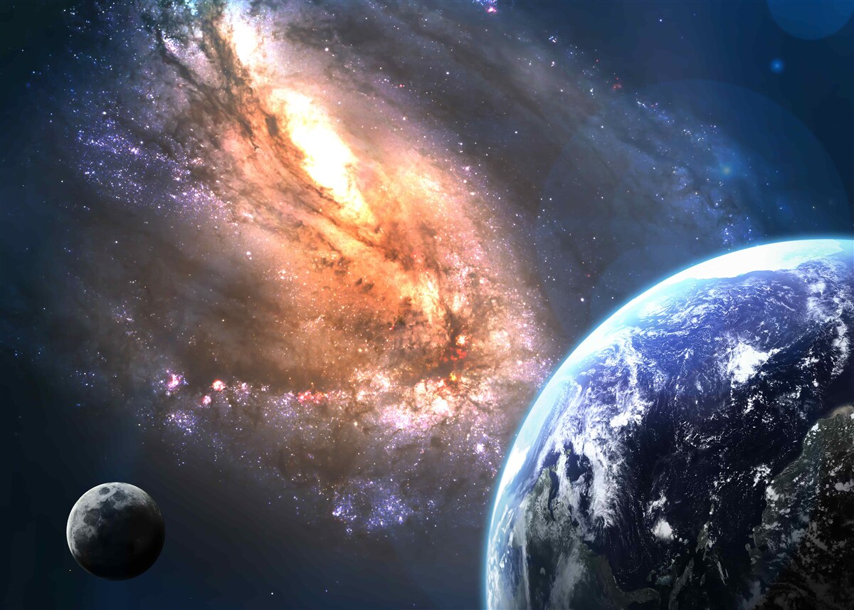 Fototapeten Planet, Satellit und neu entdeckte Galaxie