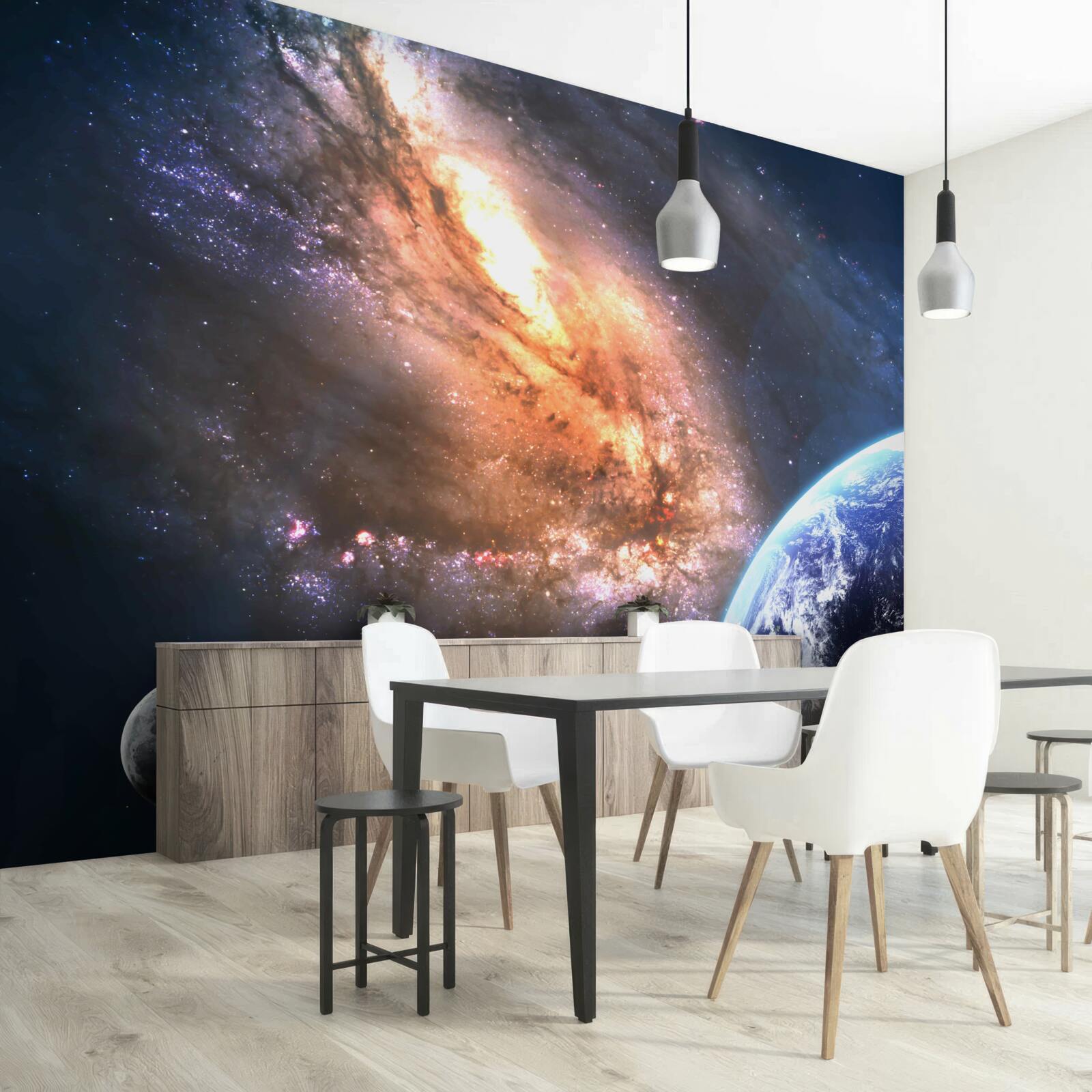 Fototapeten Planet, Satellit und neu entdeckte Galaxie