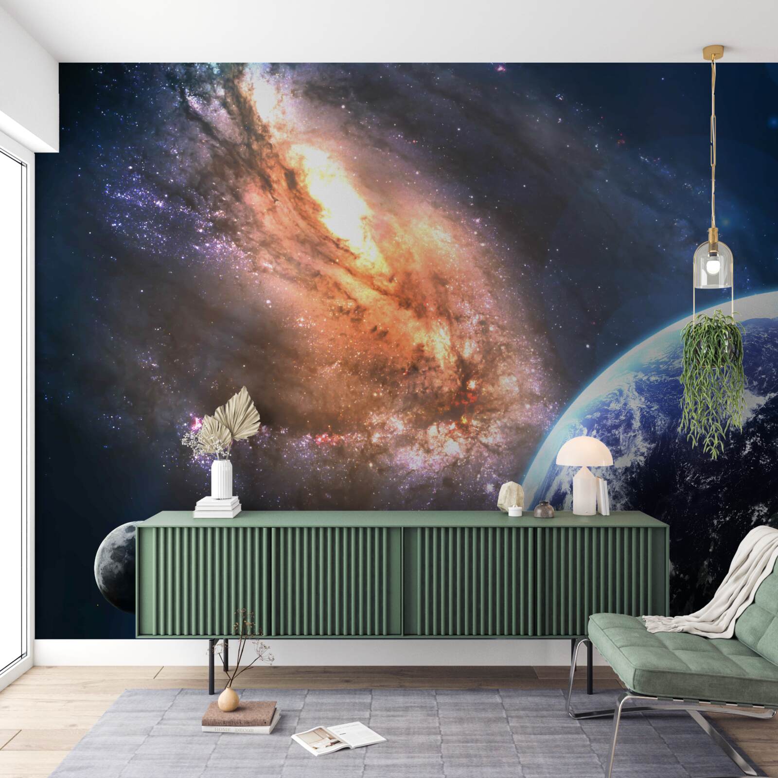 Fototapeten Planet, Satellit und neu entdeckte Galaxie