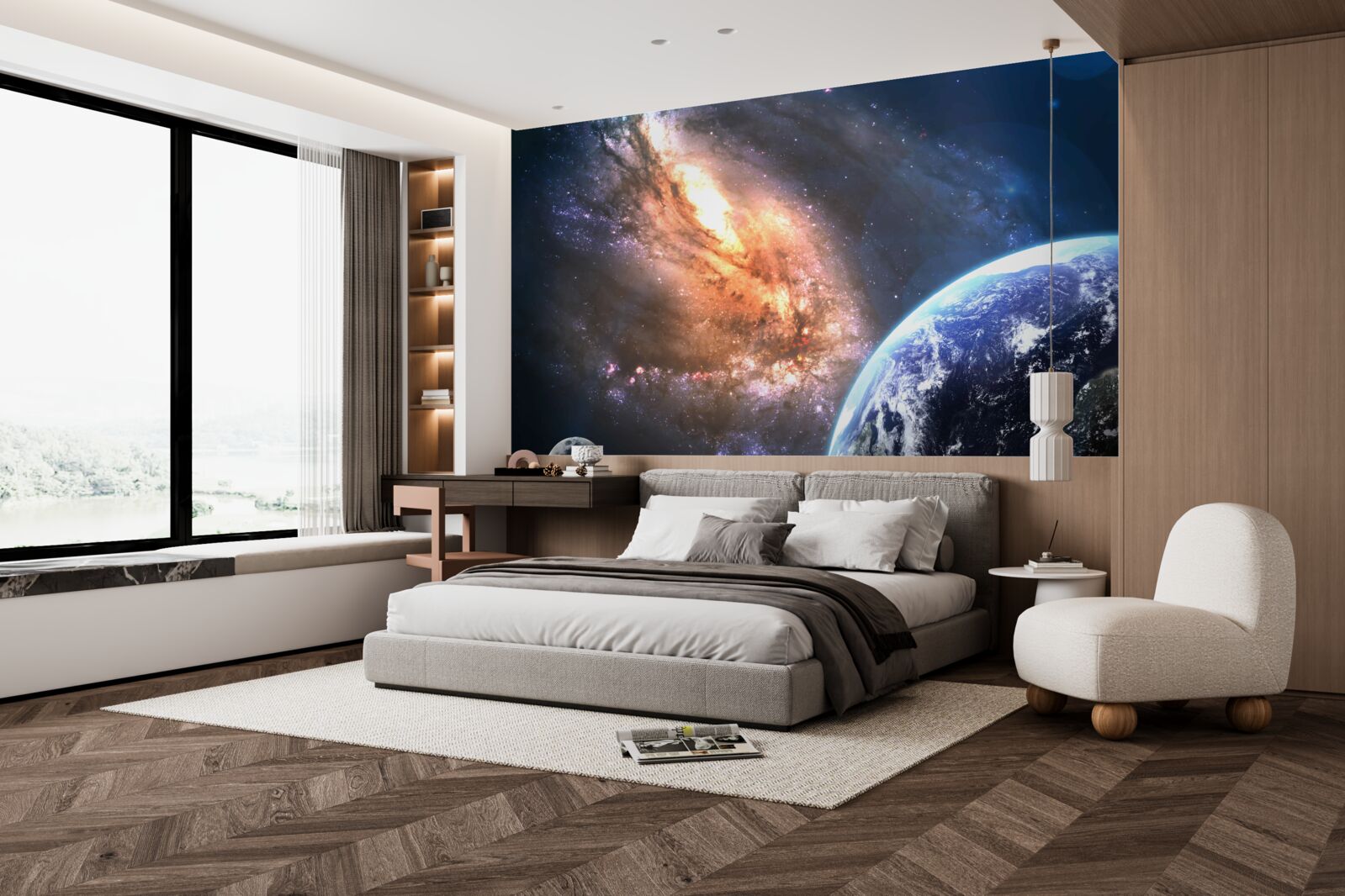 Fototapeten Planet, Satellit und neu entdeckte Galaxie