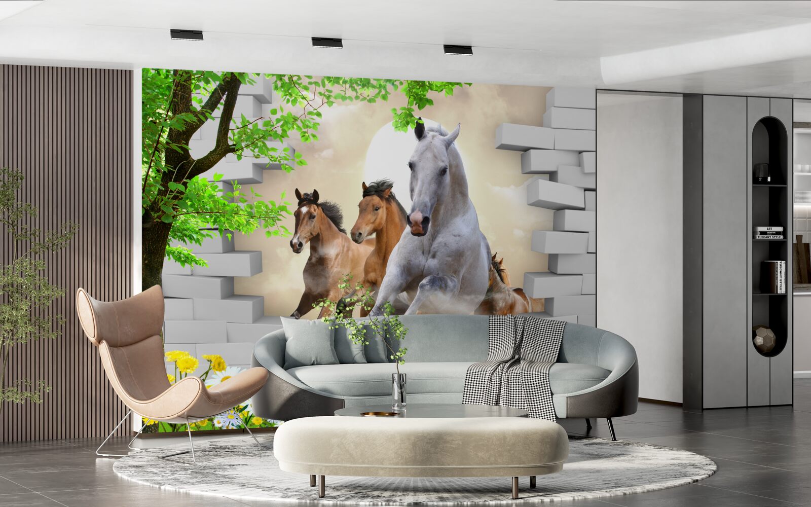 Fototapeten Verschiedene Pferde zerstören den Ziegelstein mit ihrem Galopp