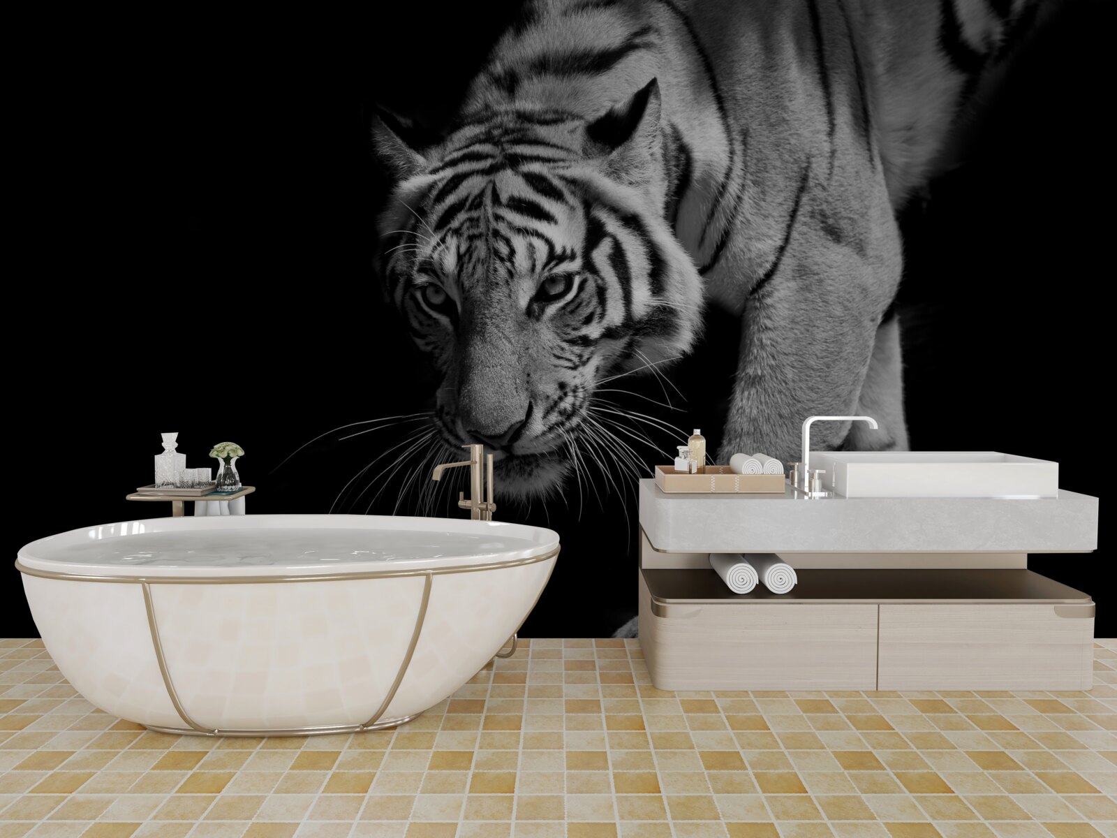 Fototapeten Tiger kriecht vor dem Hintergrund der Dunkelheit