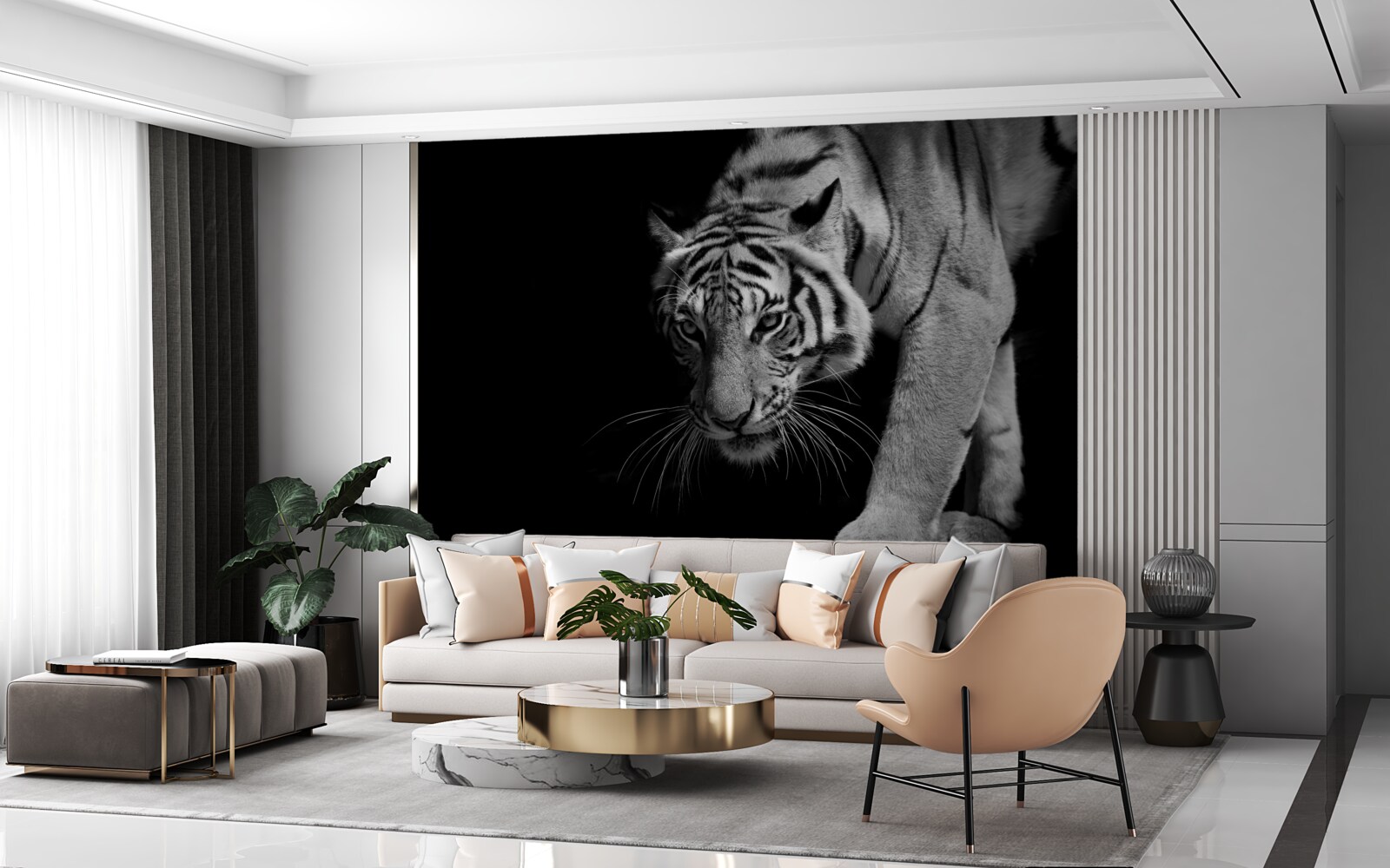 Fototapeten Tiger kriecht vor dem Hintergrund der Dunkelheit