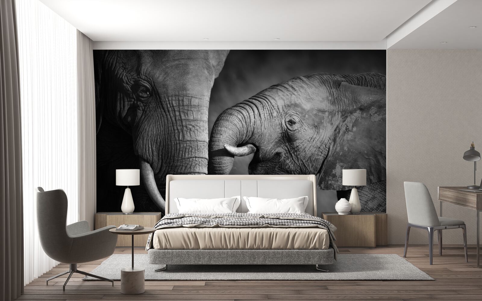Fototapeten Kleiner Elefant und Mutter sind weiß und schwarz