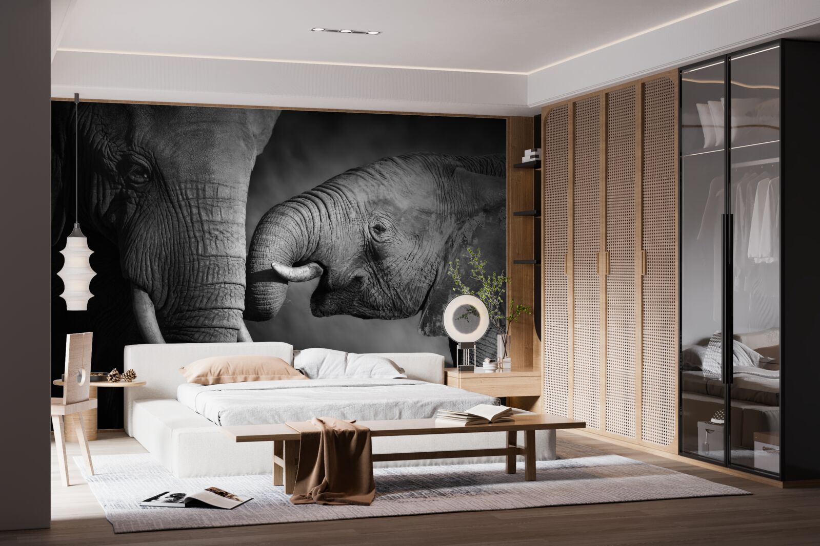 Fototapeten Kleiner Elefant und Mutter sind weiß und schwarz