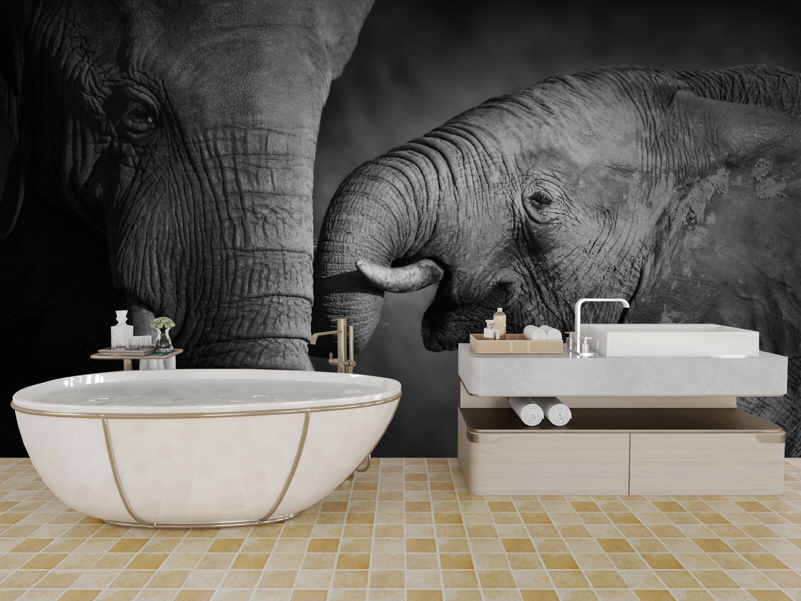Fototapeten Kleiner Elefant und Mutter sind weiß und schwarz