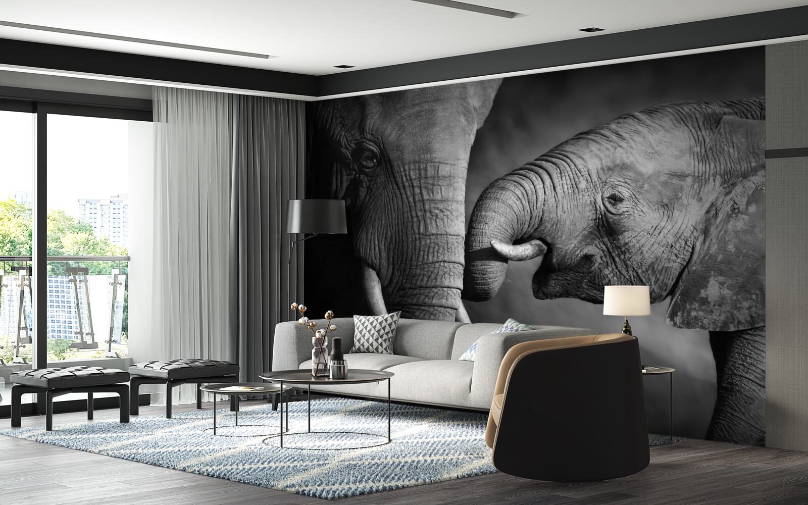 Fototapeten Kleiner Elefant und Mutter sind weiß und schwarz