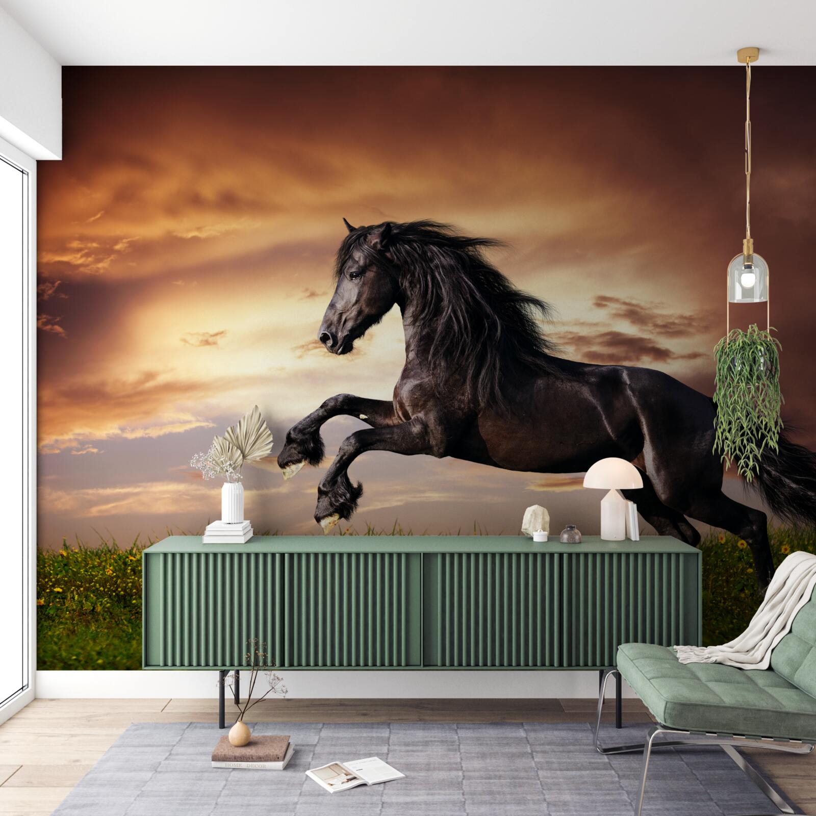 Fototapeten Ein starkes Pferd, das auf grünes Gras springt