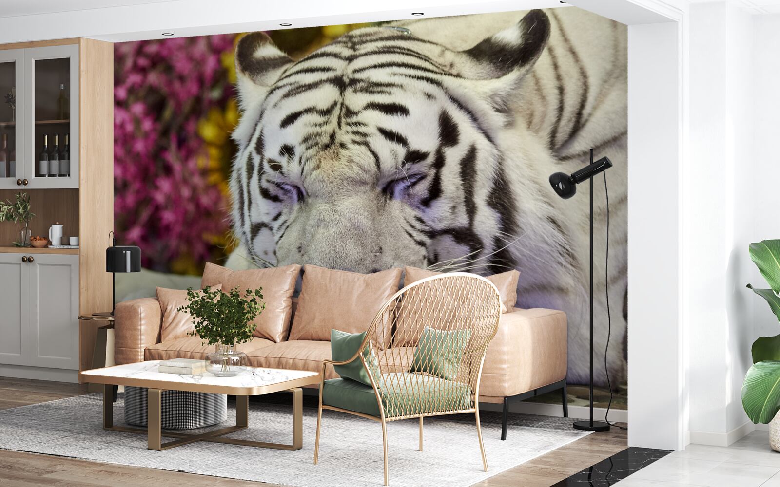 Fototapeten Ein weißer Tiger ruht unter den Blumen