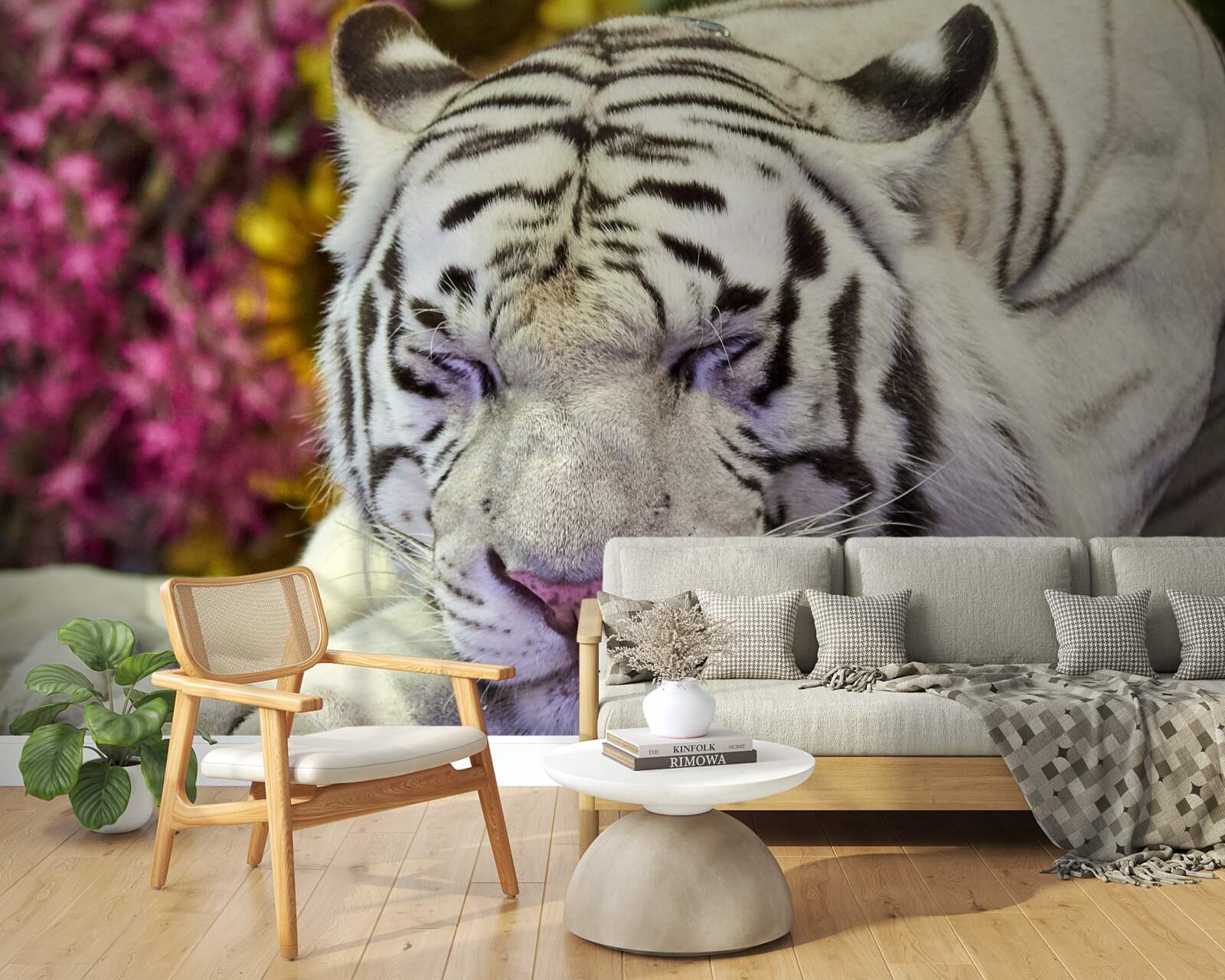 Fototapeten Ein weißer Tiger ruht unter den Blumen