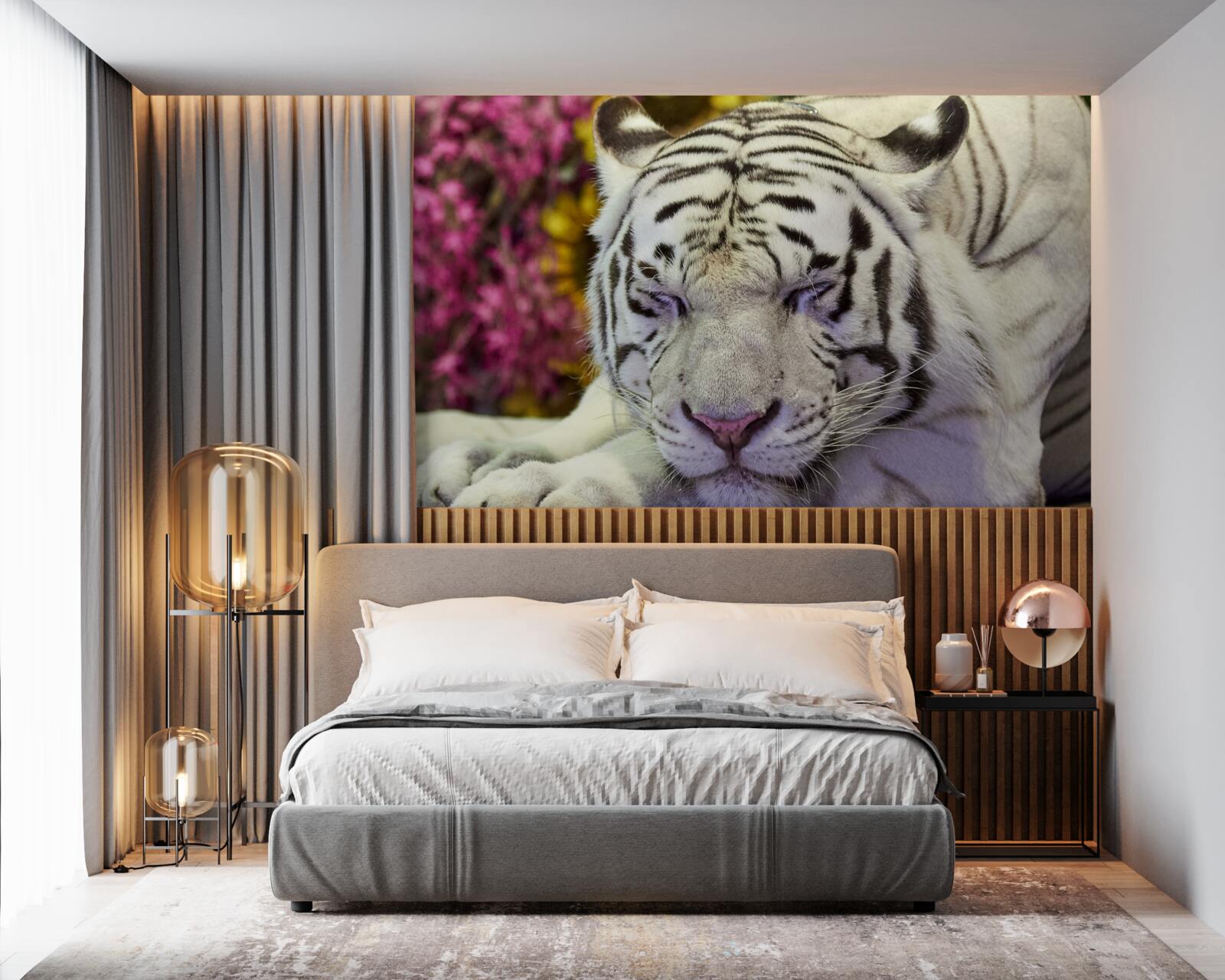 Fototapeten Ein weißer Tiger ruht unter den Blumen