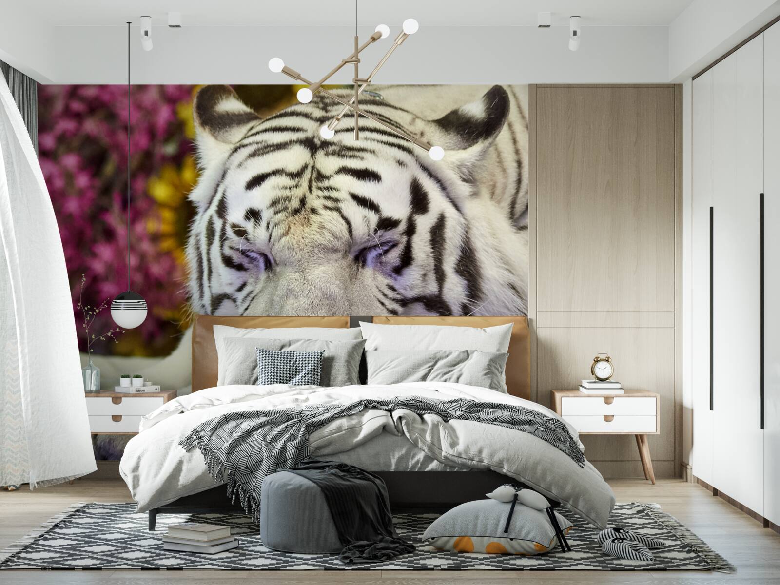 Fototapeten Ein weißer Tiger ruht unter den Blumen