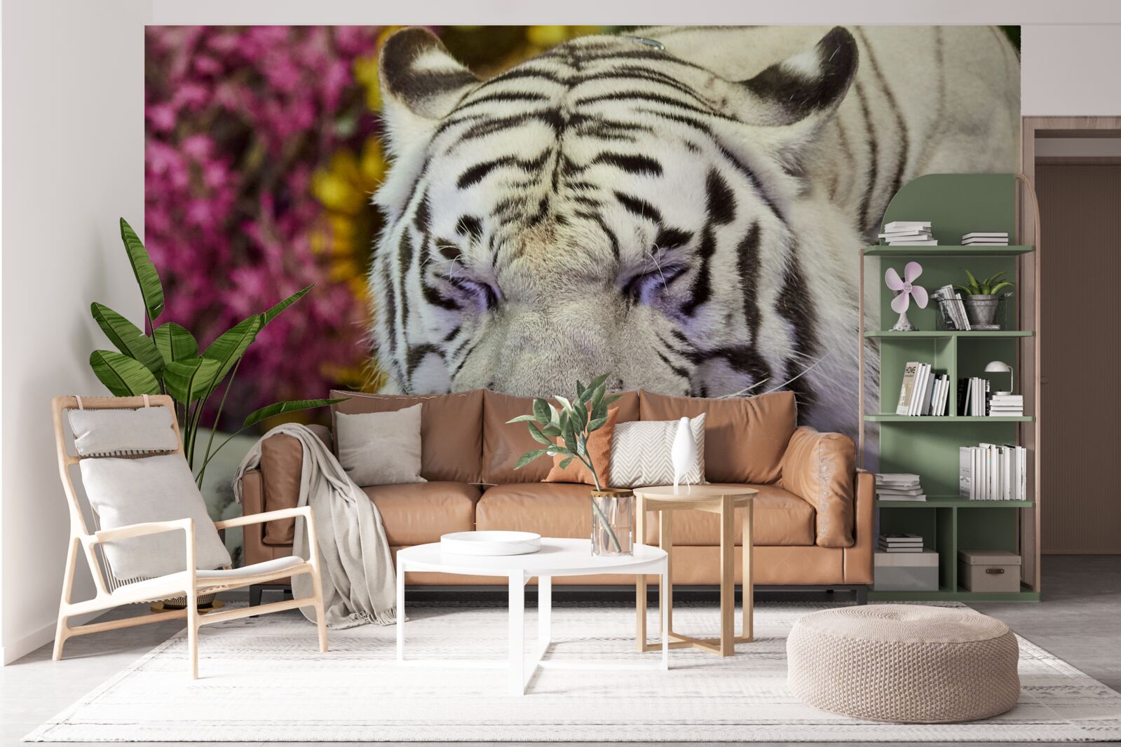 Fototapeten Ein weißer Tiger ruht unter den Blumen