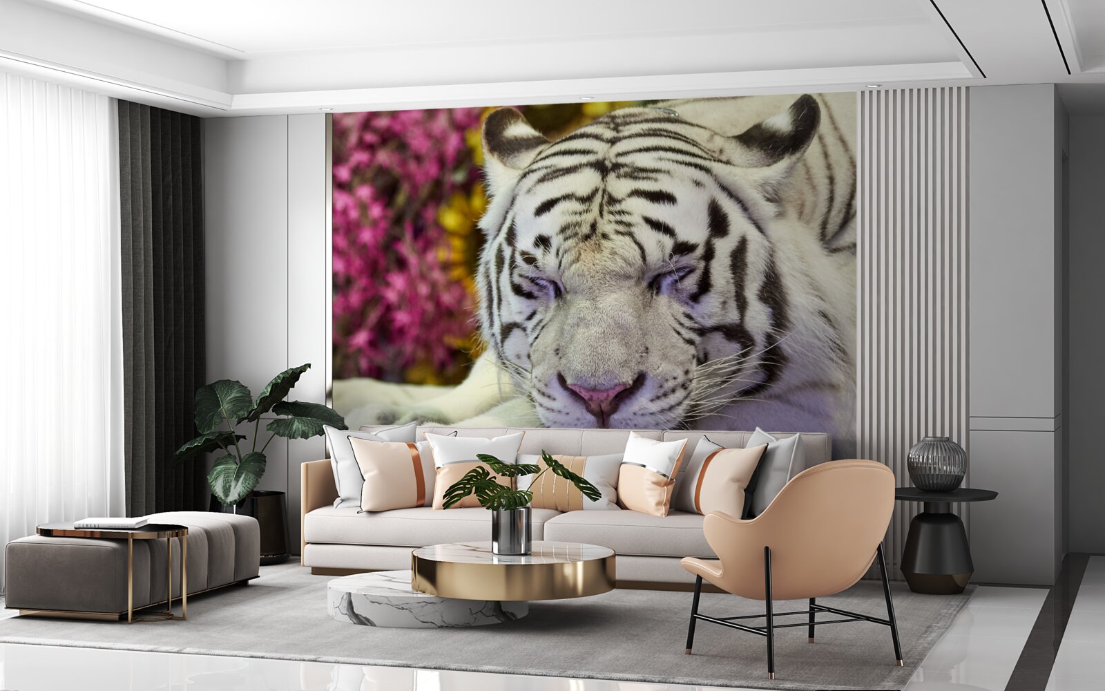 Fototapeten Ein weißer Tiger ruht unter den Blumen