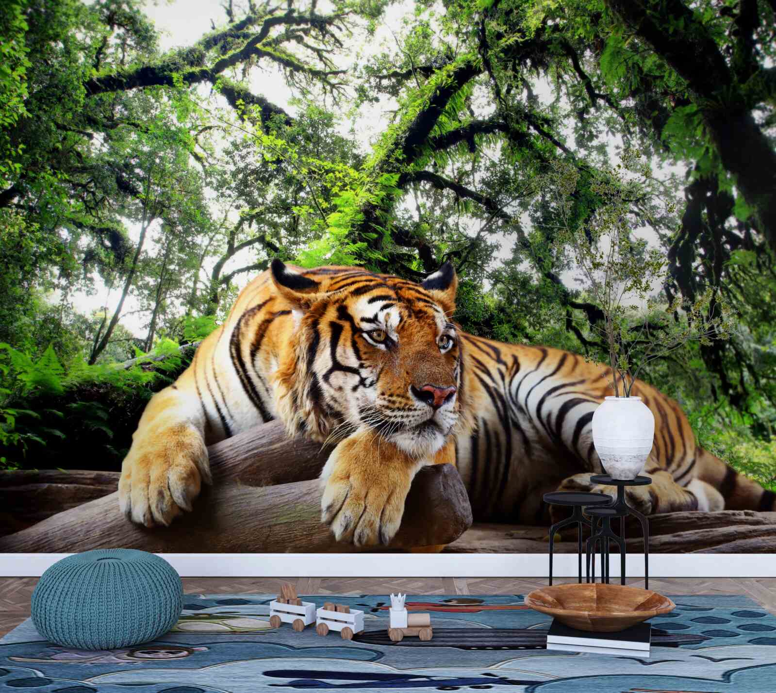 Fototapeten Der Tiger ruht in einem wilden tropischen Dschungel