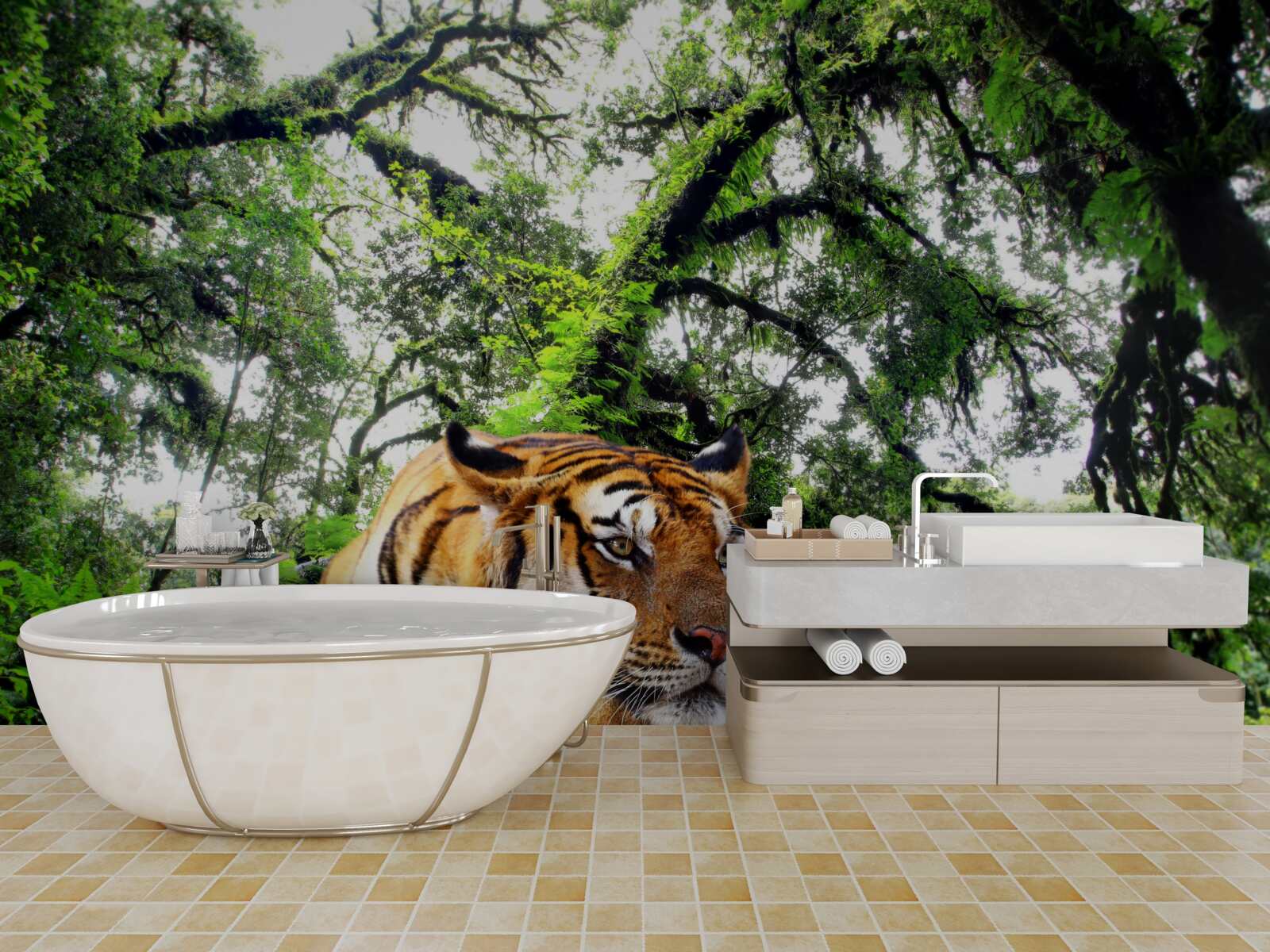 Fototapeten Der Tiger ruht in einem wilden tropischen Dschungel
