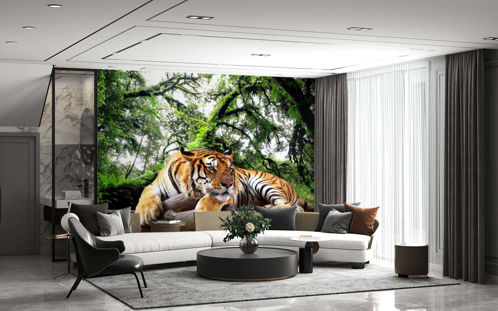 Fototapeten Der Tiger ruht in einem wilden tropischen Dschungel