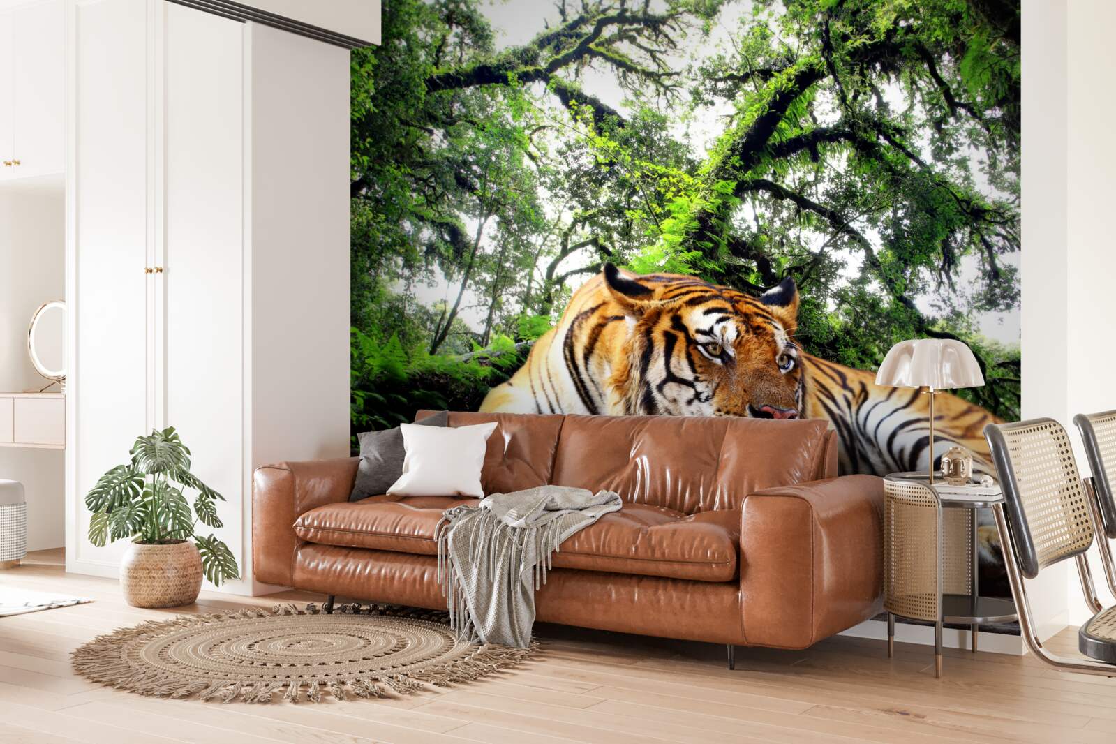 Fototapeten Der Tiger ruht in einem wilden tropischen Dschungel