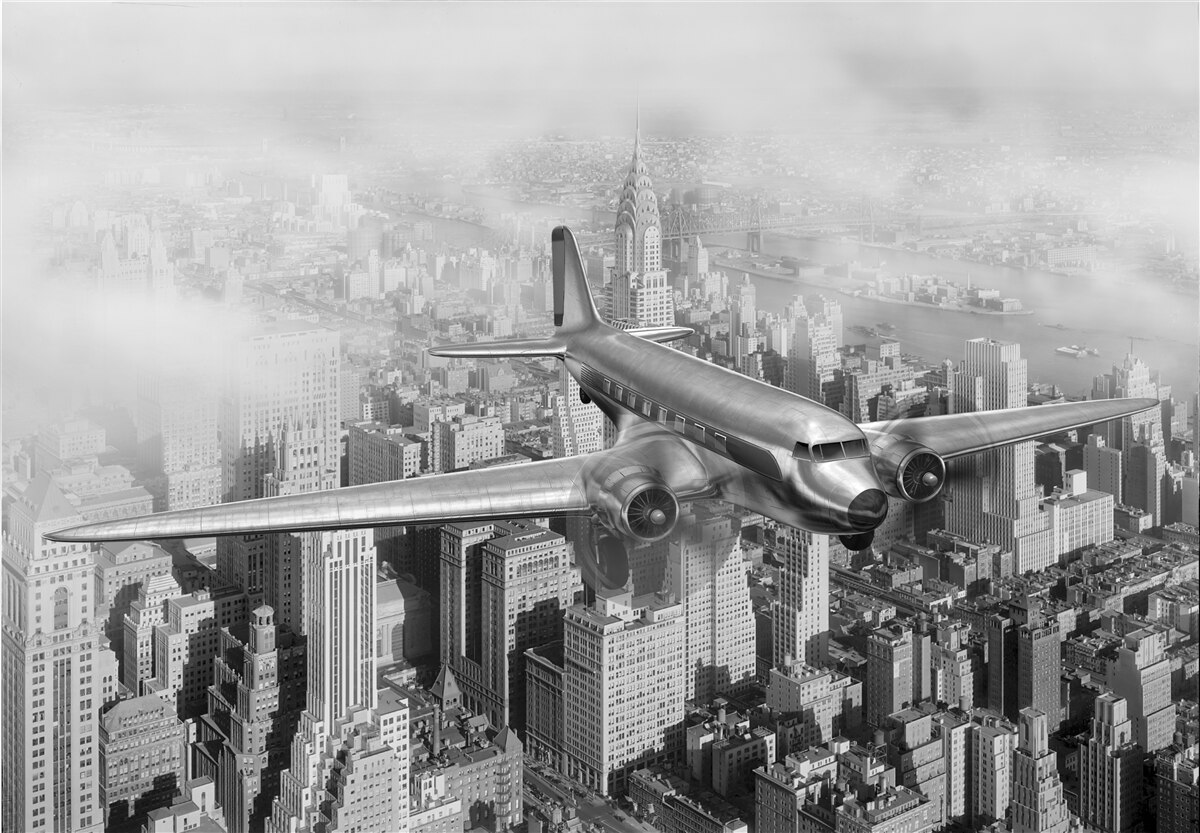 Fototapeten Reisen mit dem Flugzeug über den Stadtriese