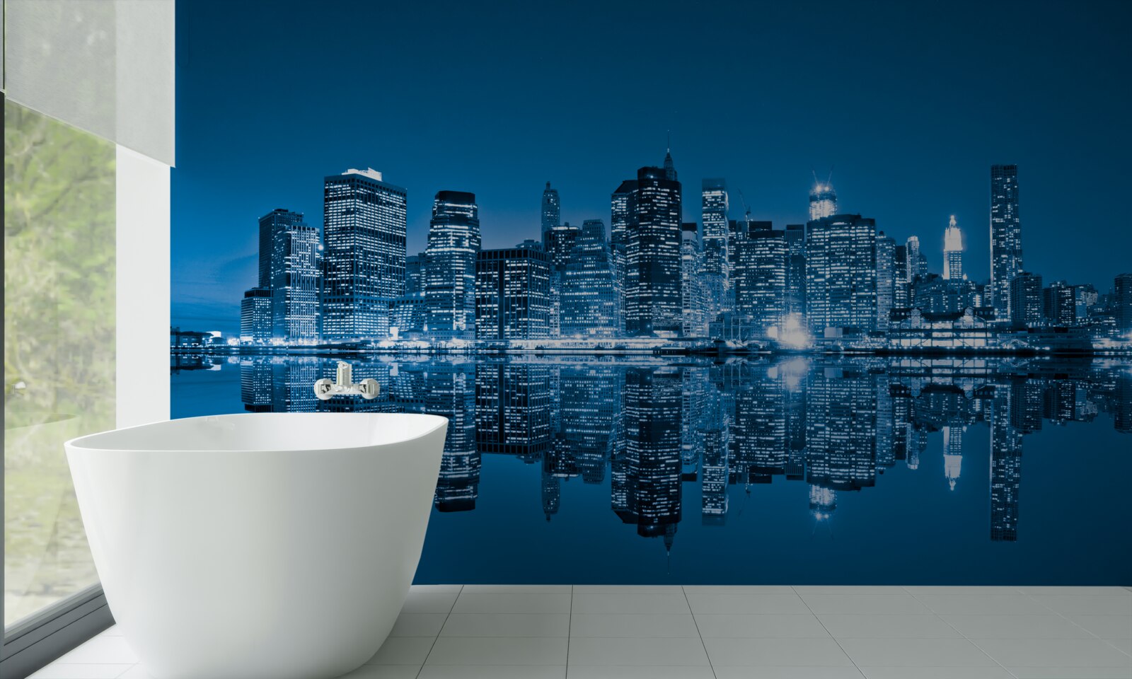Fototapeten Reflexion von dunkelblauen Gebäuden in Wasser