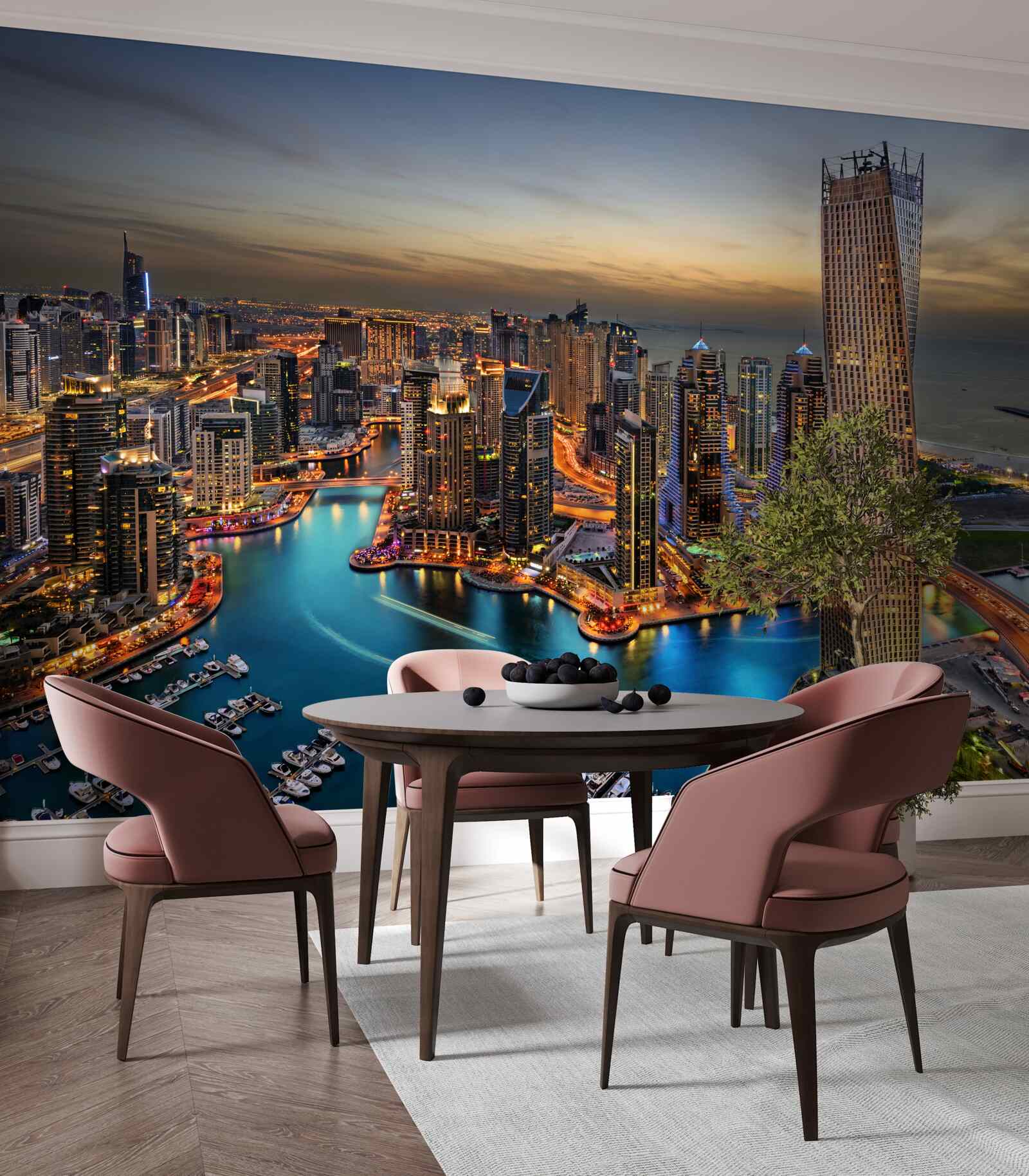 Fototapeten Panorama von Abendgebäuden in Dubai