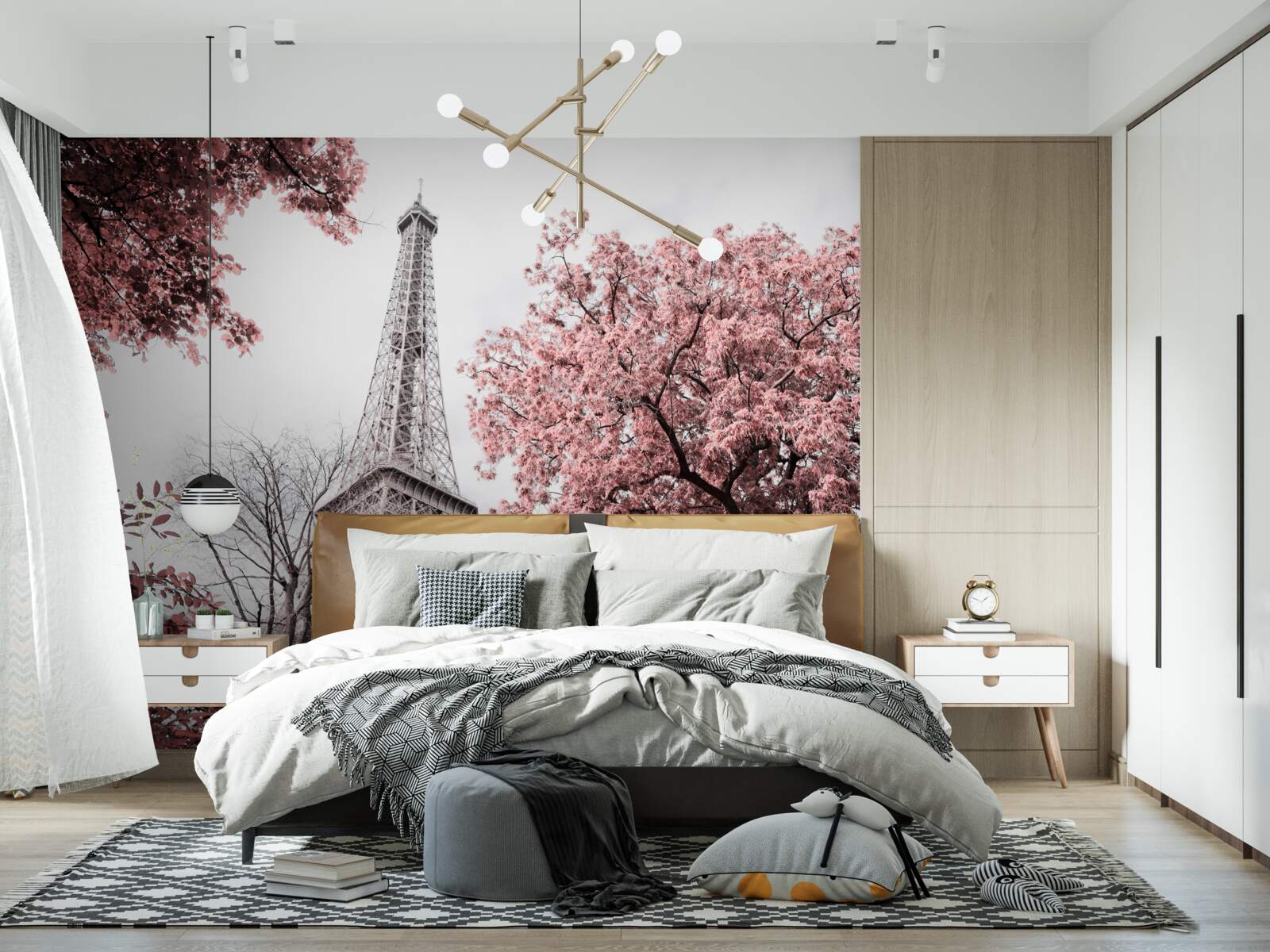Fototapeten Der Eiffelturm ist von Kirschblumen umgeben