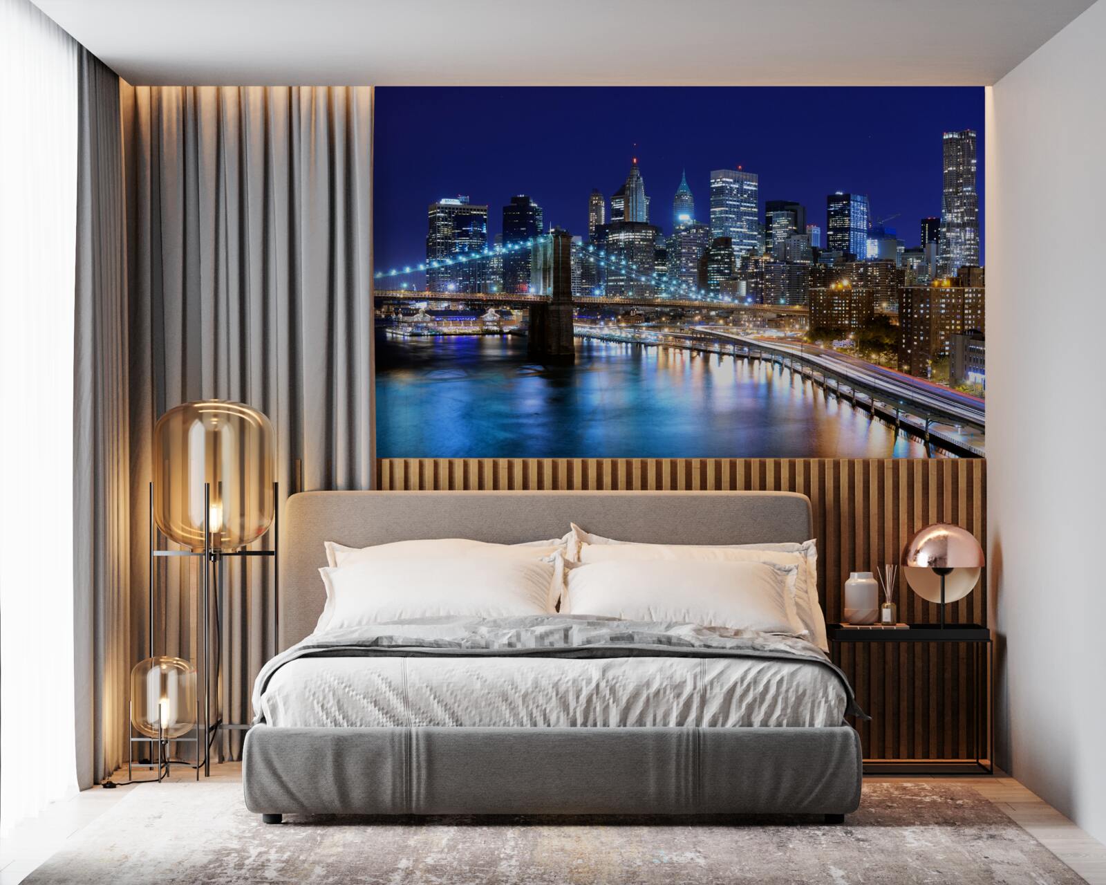Fototapeten Brookliński -Brücke in New York unter den Nachtlichtern